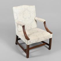 A GEORGE III MAHOGANY GAINSBOROUGH STYLE ELBOW CHAIR.