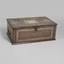 A NORTH AFRICAN BONE INLAID HARDWOOD TRAVELLING CHEST.