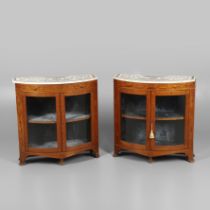 A PAIR OF EDWARDIAN INLAID SATINWOOD DEMI-LUNE DISPLAY CABINETS.
