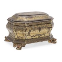 A CHINESE EXPORT BLACK LACQUERED AND GILT TEA CADDY.