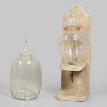 A LATE 19TH CENTURY BOOTH'S GIN CUT GLASS DISPENSER AND COVER.