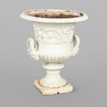 A LARGE VICTORIAN STYLE WHITE PAINTED CAMPANA SHAPED GARDEN URN.