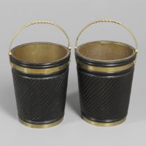 A PAIR OF GEORGE III STYLE BRASS BOUND PEAT BUCKETS.