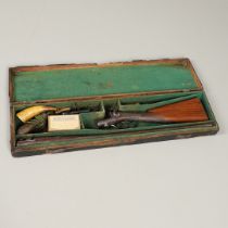 A MID 19TH CENTURY TWIN BARREL PIN FIRE HAMMER GUN.