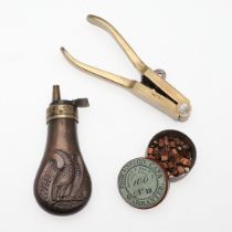 A COPPER BODIED POWDER FLASK, BULLET MOLD AND PERCUSSION CAPS.