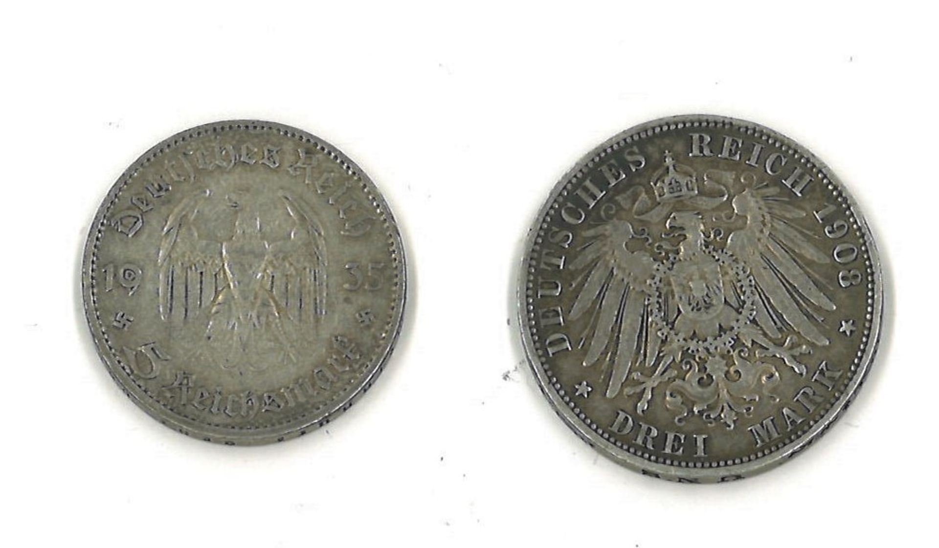 2 Münzen Deutschland 1x 3 Mark Preussen 1908, 1x 5 Reichsmark 1935 - Image 2 of 2