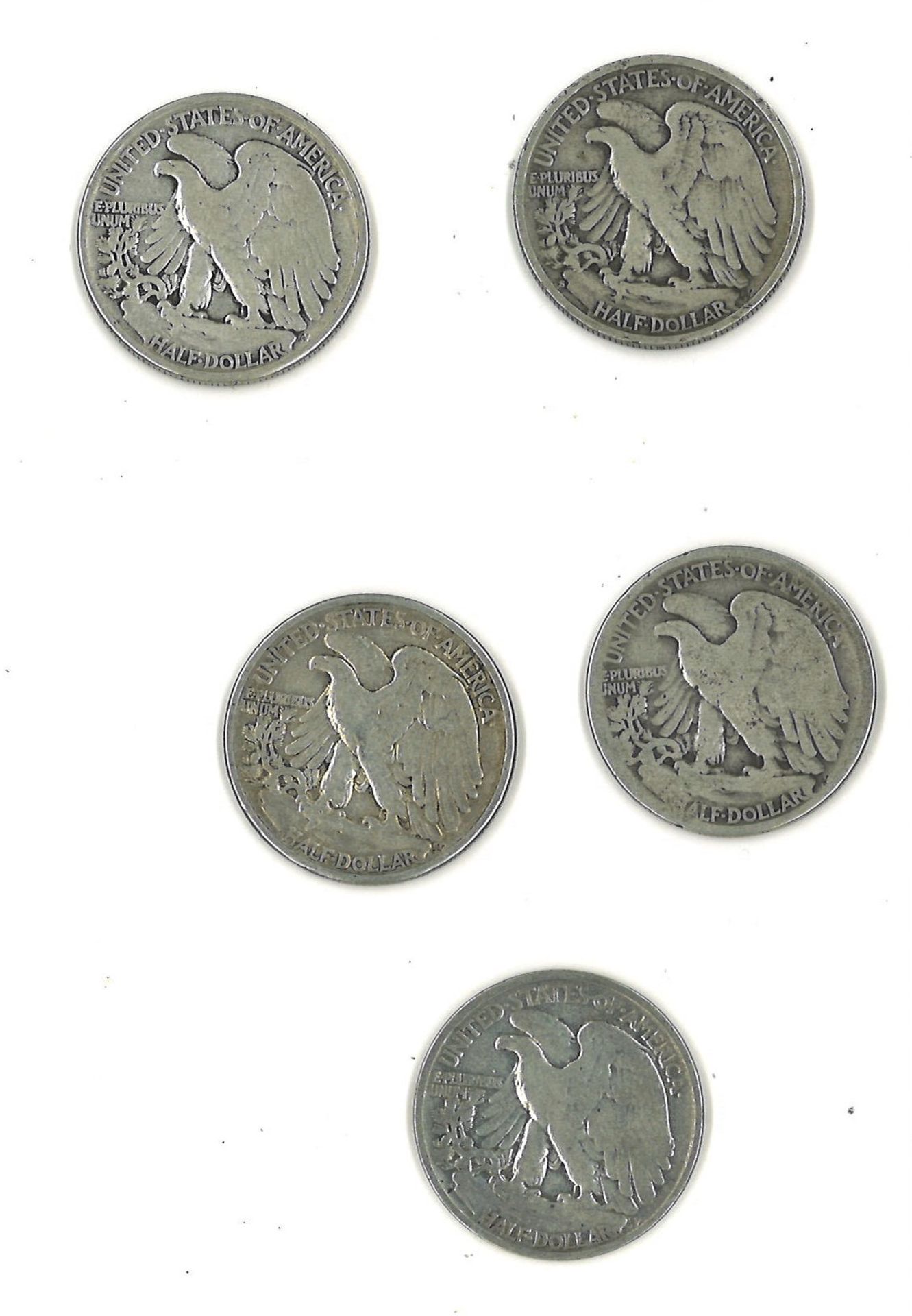 Half Dollar Silber Liberty, insgesamt 5 Stück, verschiedene Jahrgänge