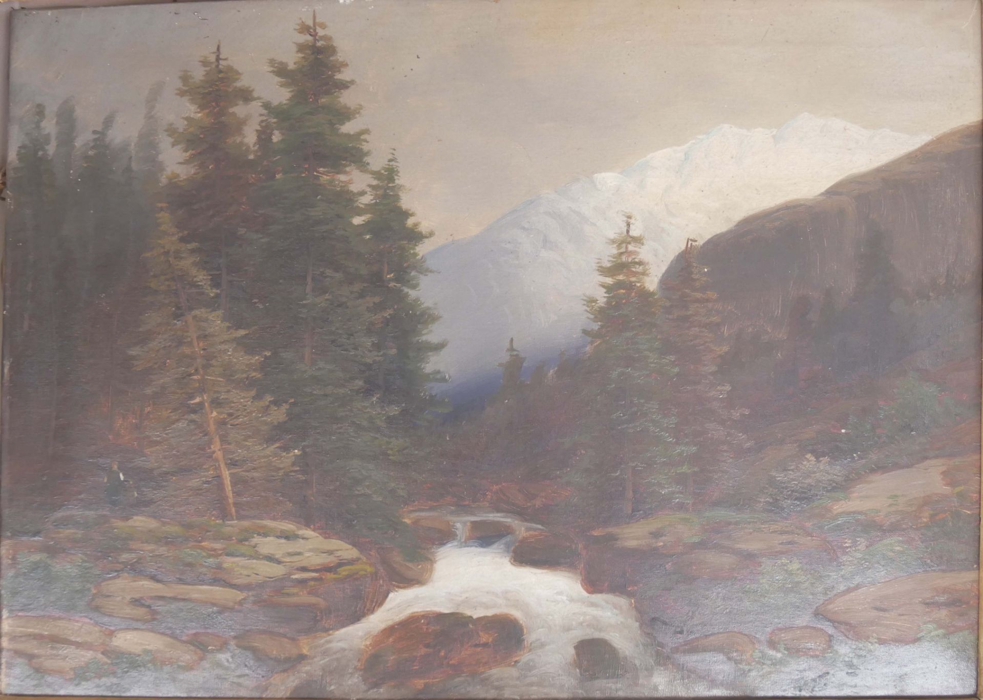 unbekannter Künstler um 1900. Ölgemälde auf Leinwand "Gebirgsbach mit Bergkulisse" im prächtigen - Image 2 of 3