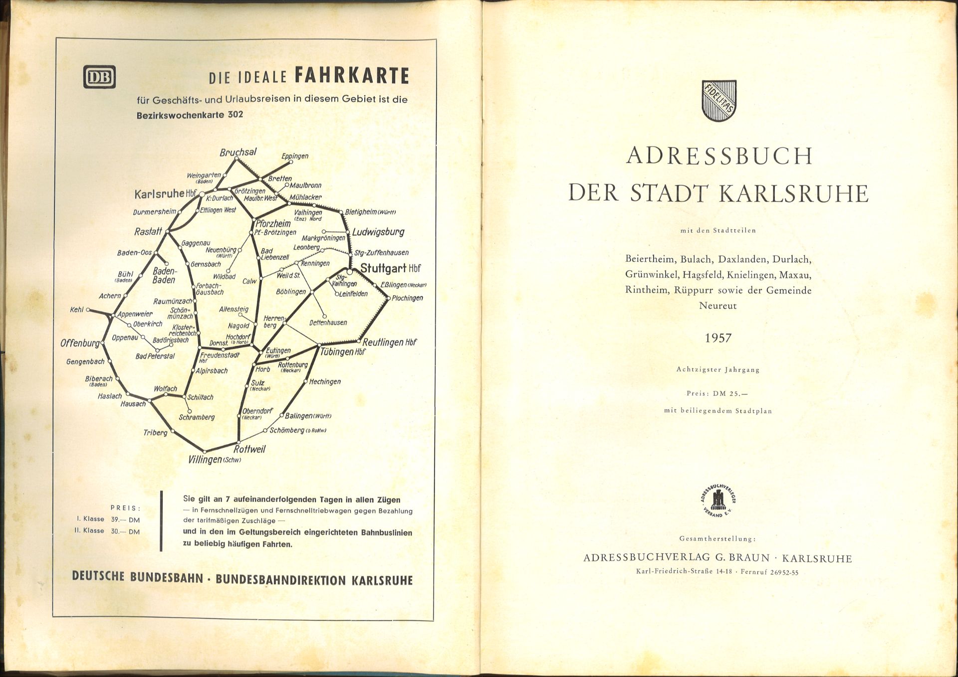 Adressbuch der Stadt Karlsruhe von 1957, achtzigster Jahrgang, Einband beschädigt und einige lose - Image 2 of 2