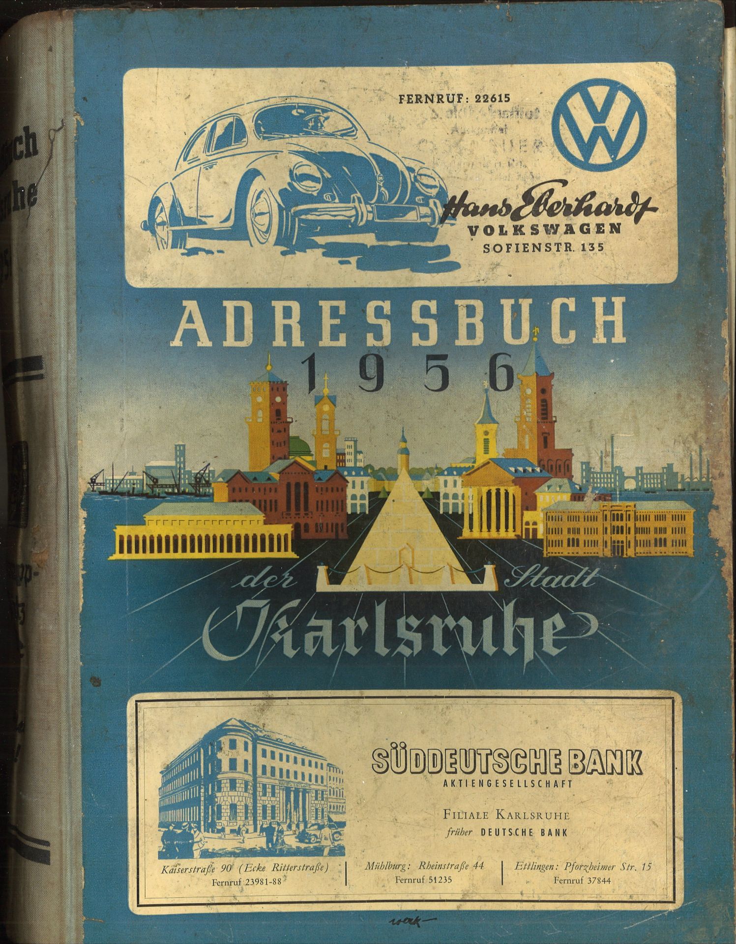 Adressbuch der Stadt Karlsruhe von 1956, neunundsiebzigster Jahrgang, Einband beschädigt,