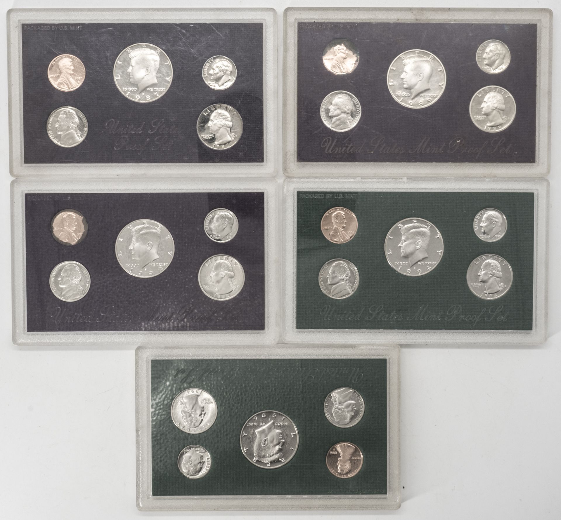 USA 1987/94, 5 x Mint Proof Set, 1987, 1989, 1992, 1994 und 1996. PP.