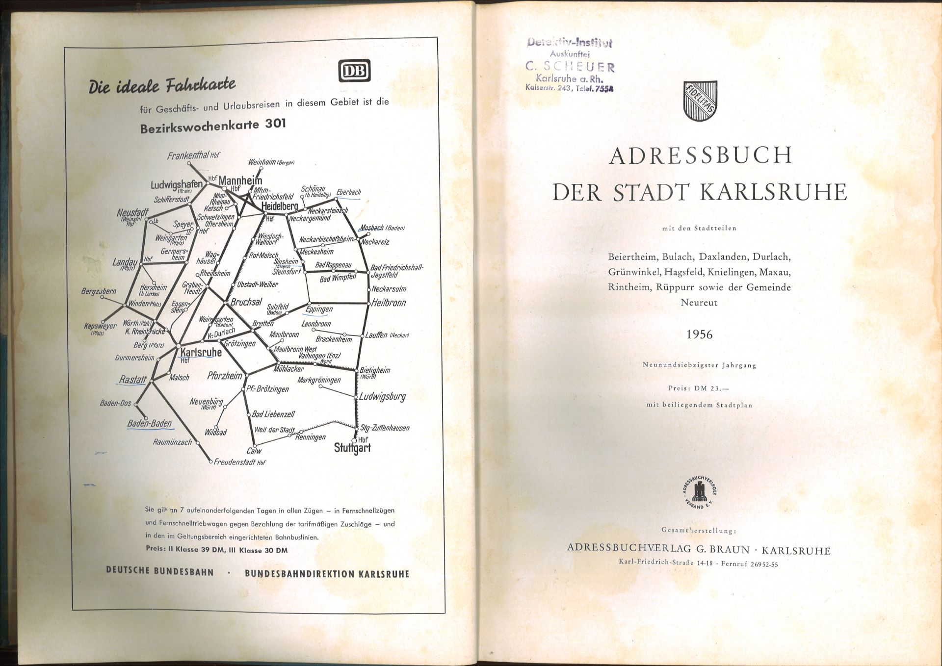 Adressbuch der Stadt Karlsruhe von 1956, neunundsiebzigster Jahrgang, Einband beschädigt, - Image 2 of 2