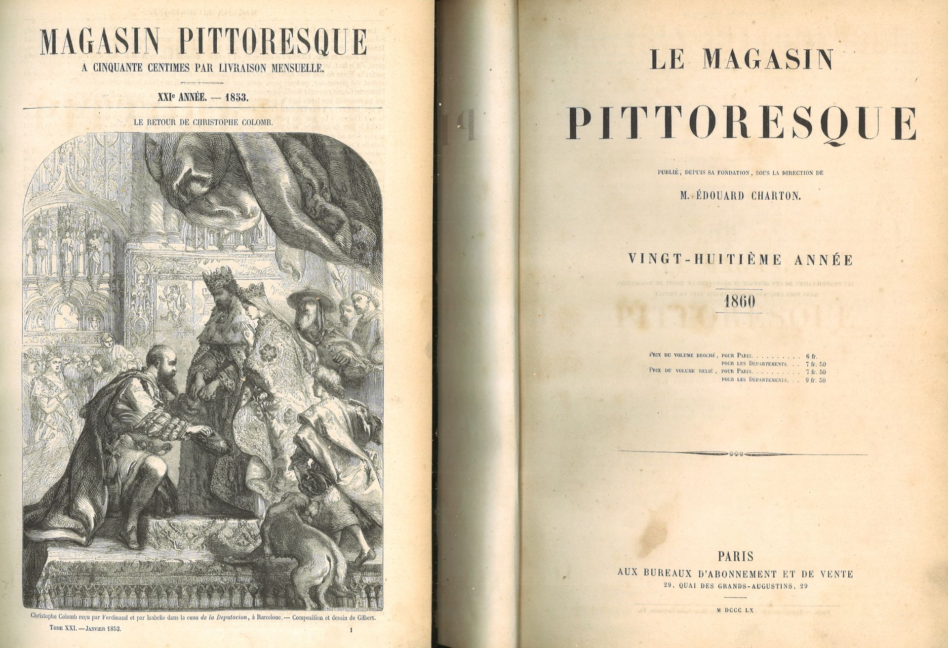 2x Bücher "Le Magasin Pittoresque" 1853 + 1860, Nr. 21 + 28. Mit Gebrauchsspuren