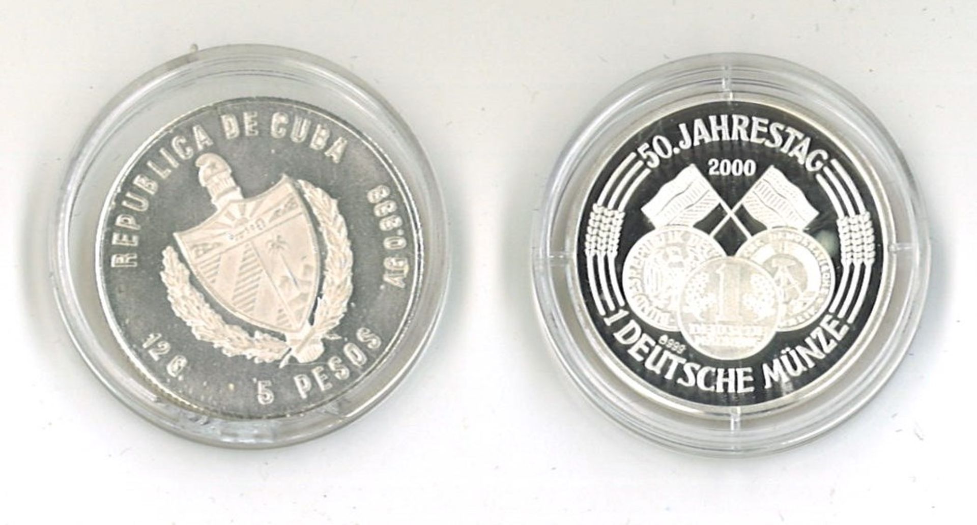 2x Silbermünze, dabei 5 Pesos Cuba sowie 1x Deutsche Münze 50. Jahrestag 2000