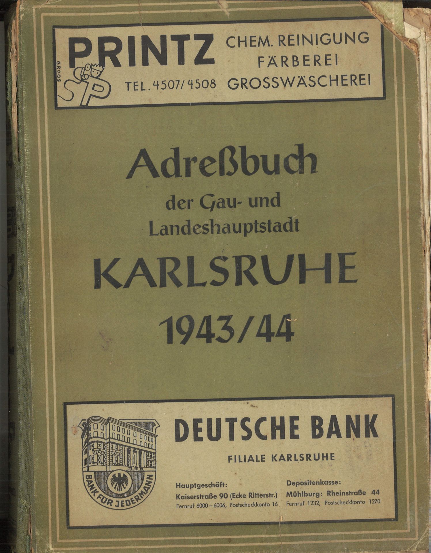 Adressbuch der Stadt Karlsruhe von 1943/44, siebzigster Jahrgang, Adressbuchverlag G. Braun,