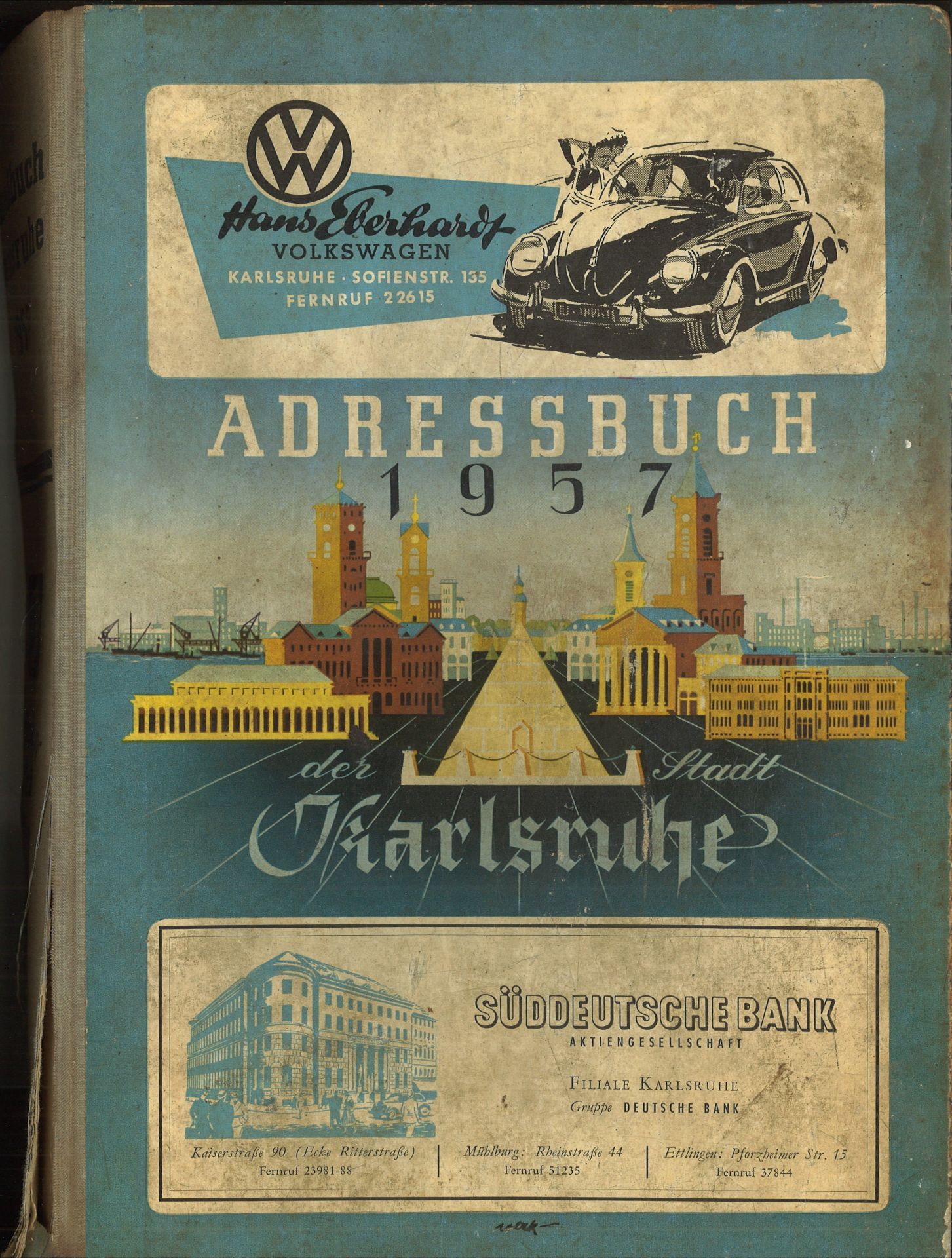 Adressbuch der Stadt Karlsruhe von 1957, achtzigster Jahrgang, Einband beschädigt und einige lose