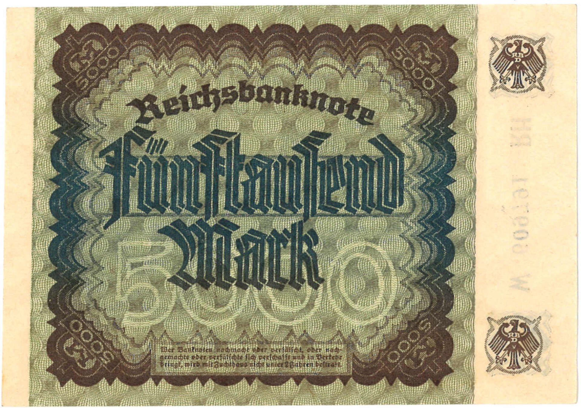 Banknoten Deutsches Reich, 5.000 Mark. - Bild 2 aus 2