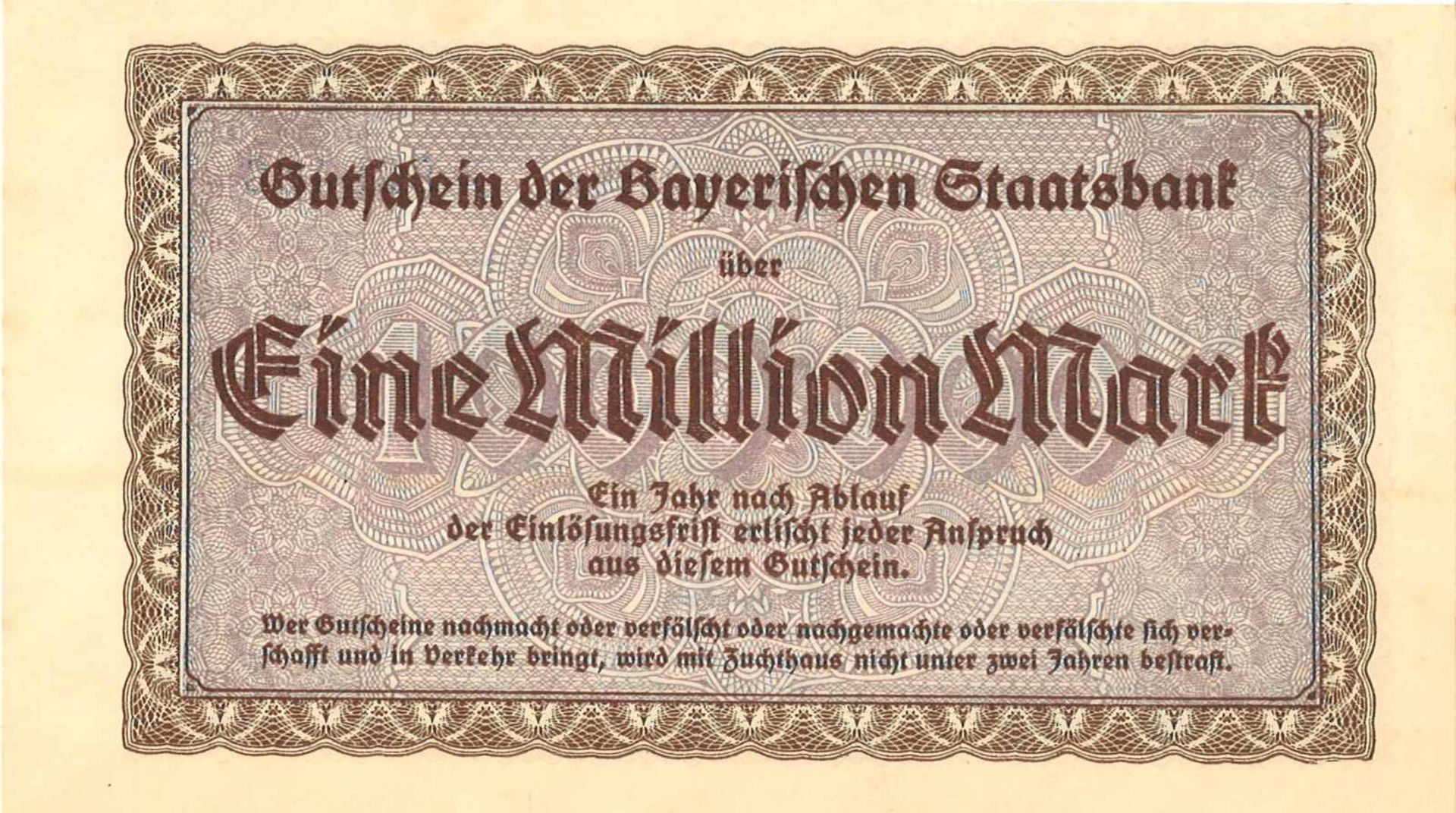 Banknoten Deutschland, Gutschein der Bayerischen Staatsbank über eine Million Mark, guter Zustand. - Image 2 of 2