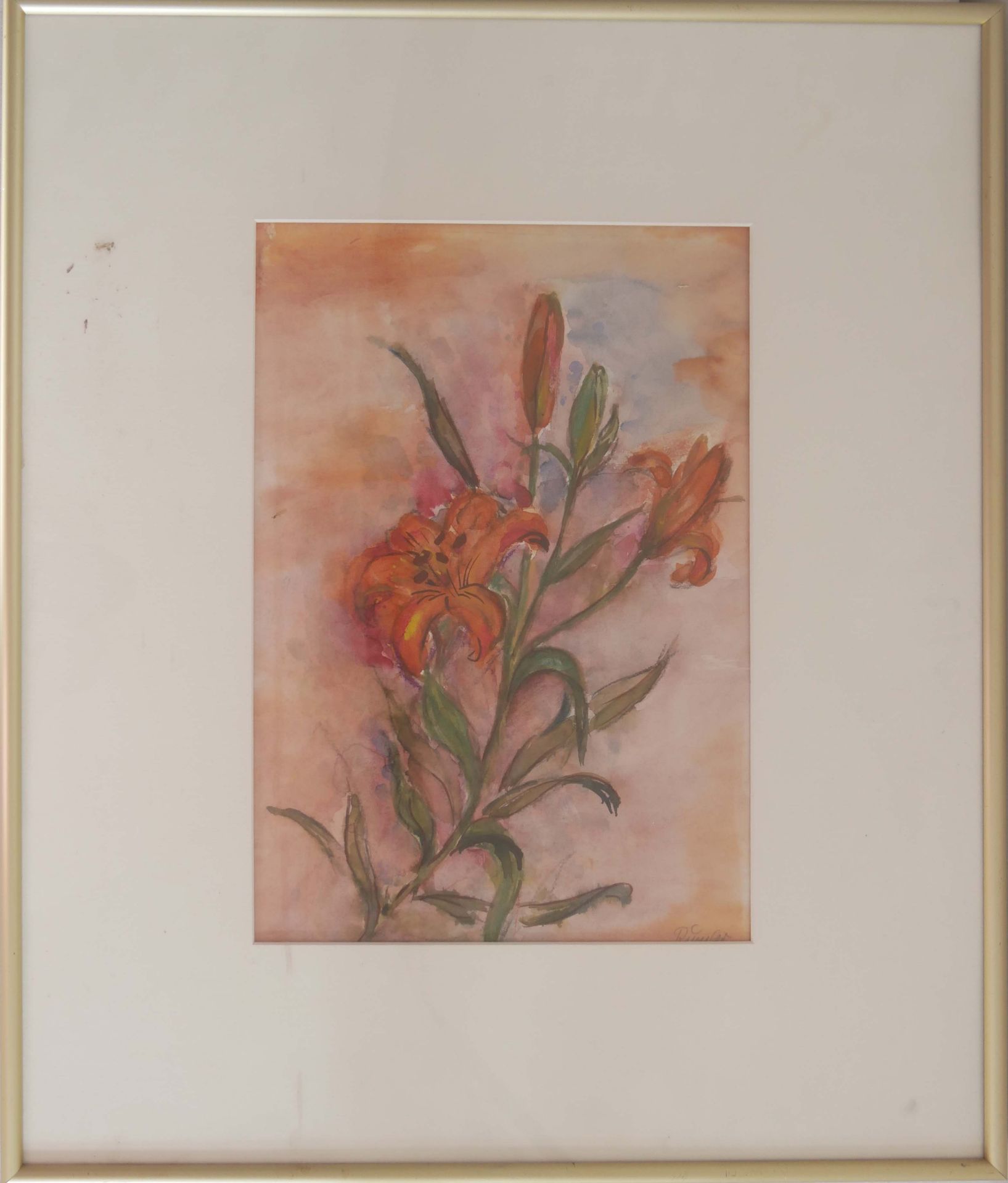 wohl Zdenek Rumler. Aquarell auf Papier "Lilien" rechts unten Signatur, aufwendig hinter Glas