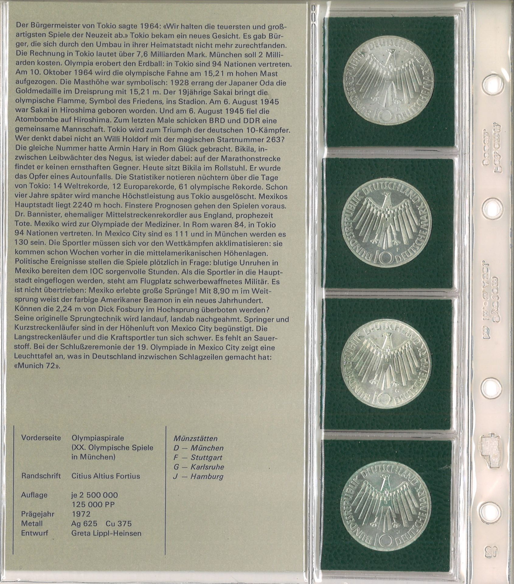 BRD Olympia, 10 Mark Sammlung aus Abobezug "Der Geist von Olympia", alle 4 Prägeanstalten. 24 - Bild 4 aus 4