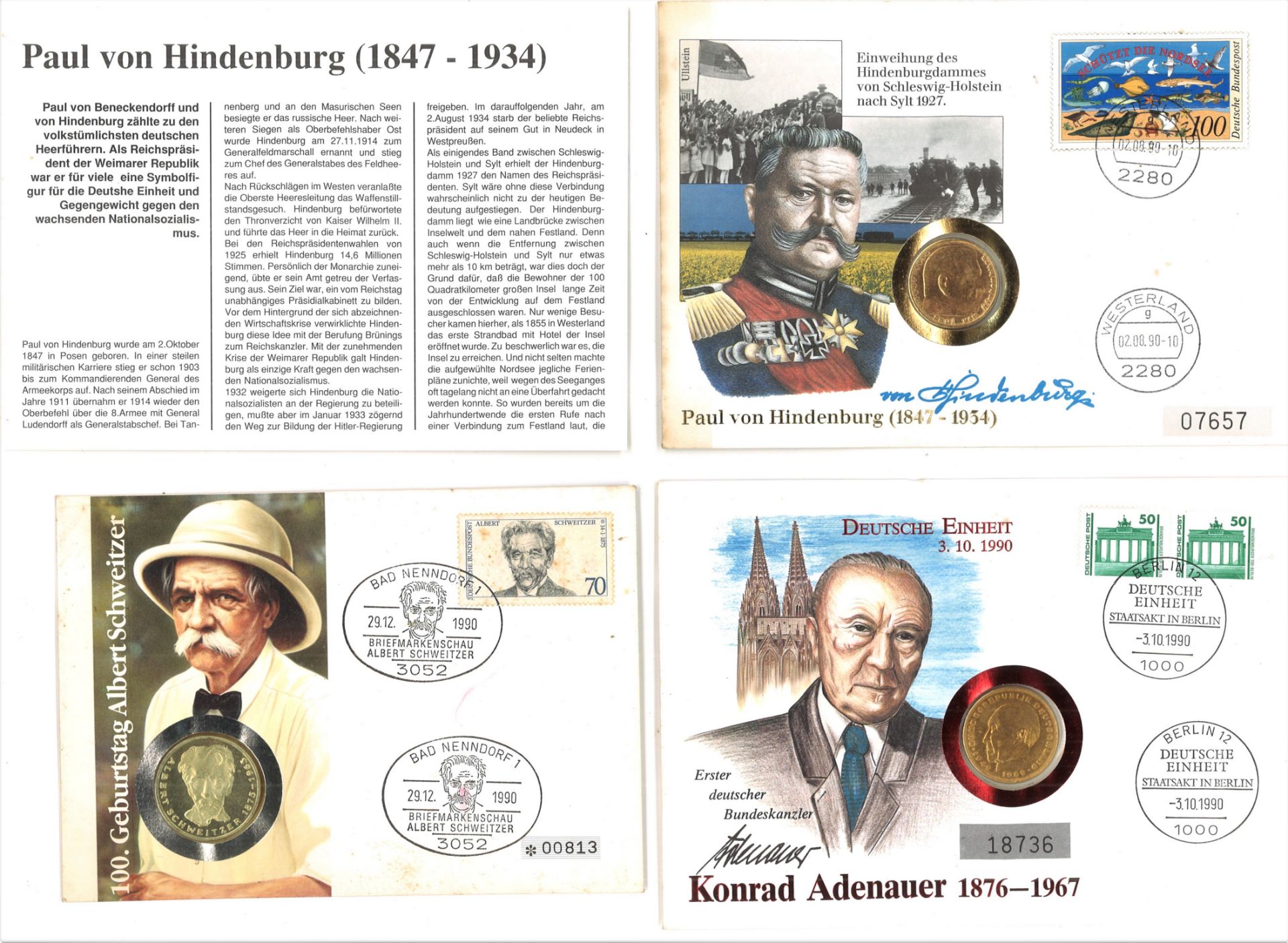 3 Münzbriefe Deutschland, dabei 2 Mark Konrad Adenauer, 5 Mark Albert Schweitzer und 2 Mark