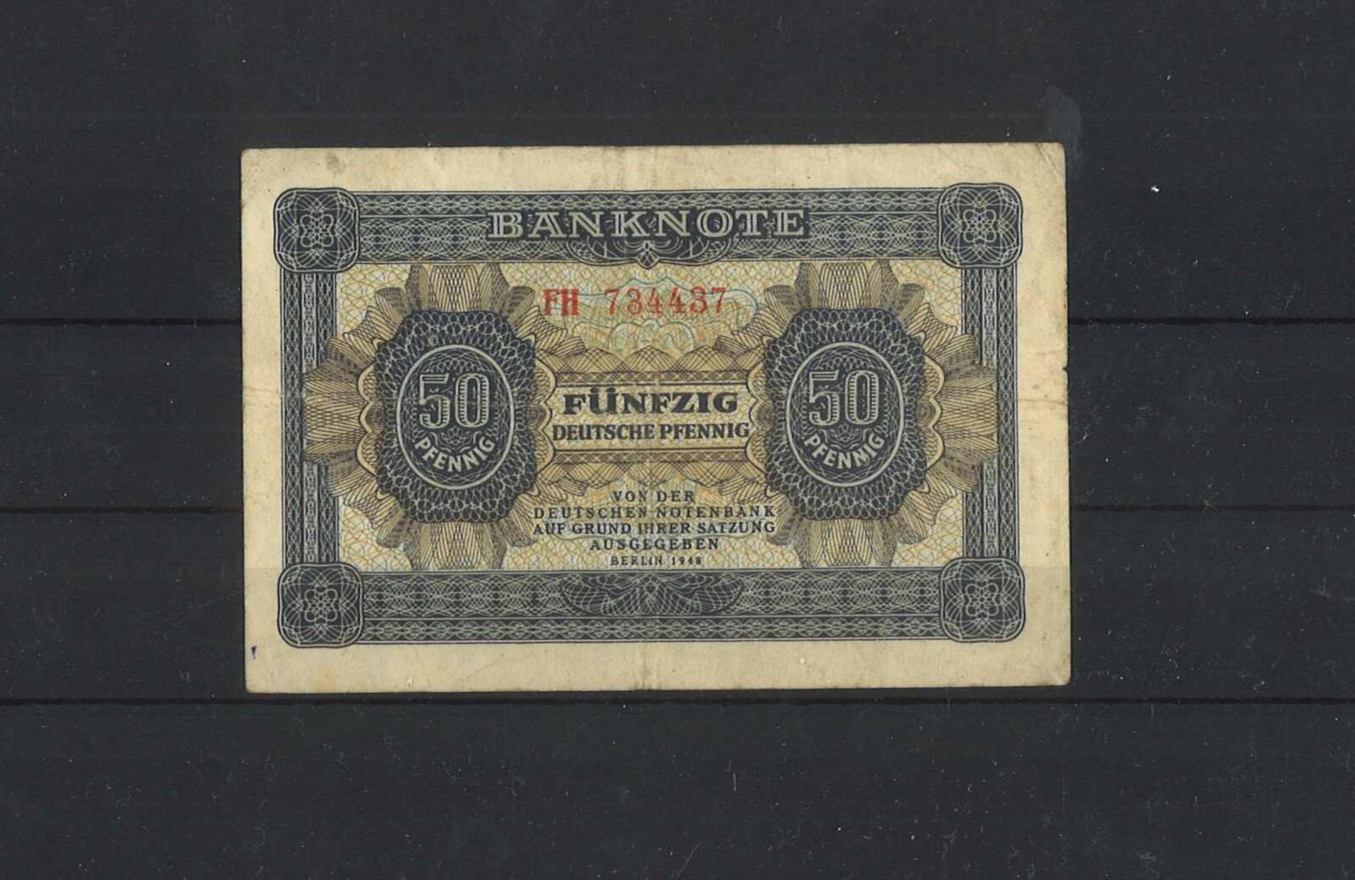 DDR Banknote, 50 Pfennig 1948, KN 6-stellig, 2 Buchstaben gebrandt.