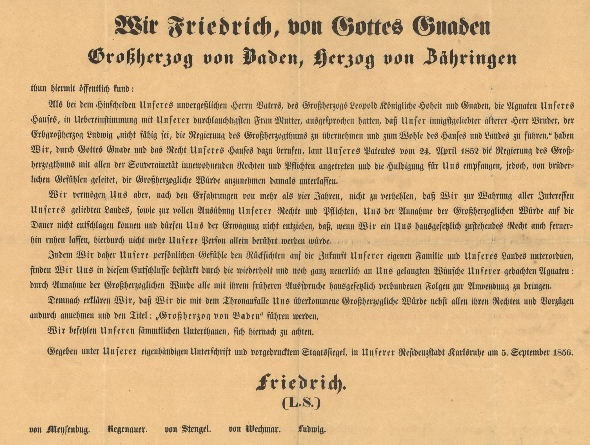 Bekanntmachung Residenzstadt Karlsruhe am 5. September 1856 von Großherzog von Baden und Herzogin