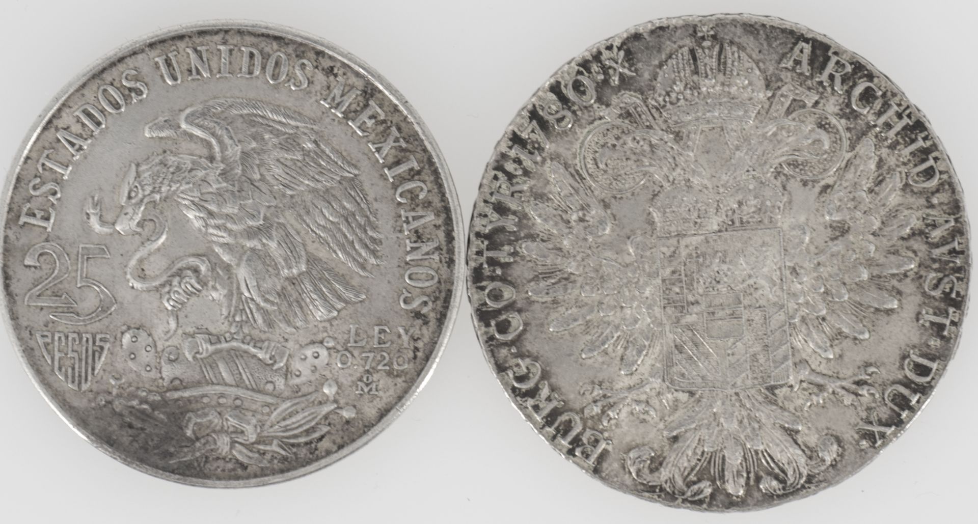 Zwei Silbermünzen: Mexiko 1968 25 Pesos "Olympische Spiele" und Maria Theresia Taler 1780. - Image 2 of 2