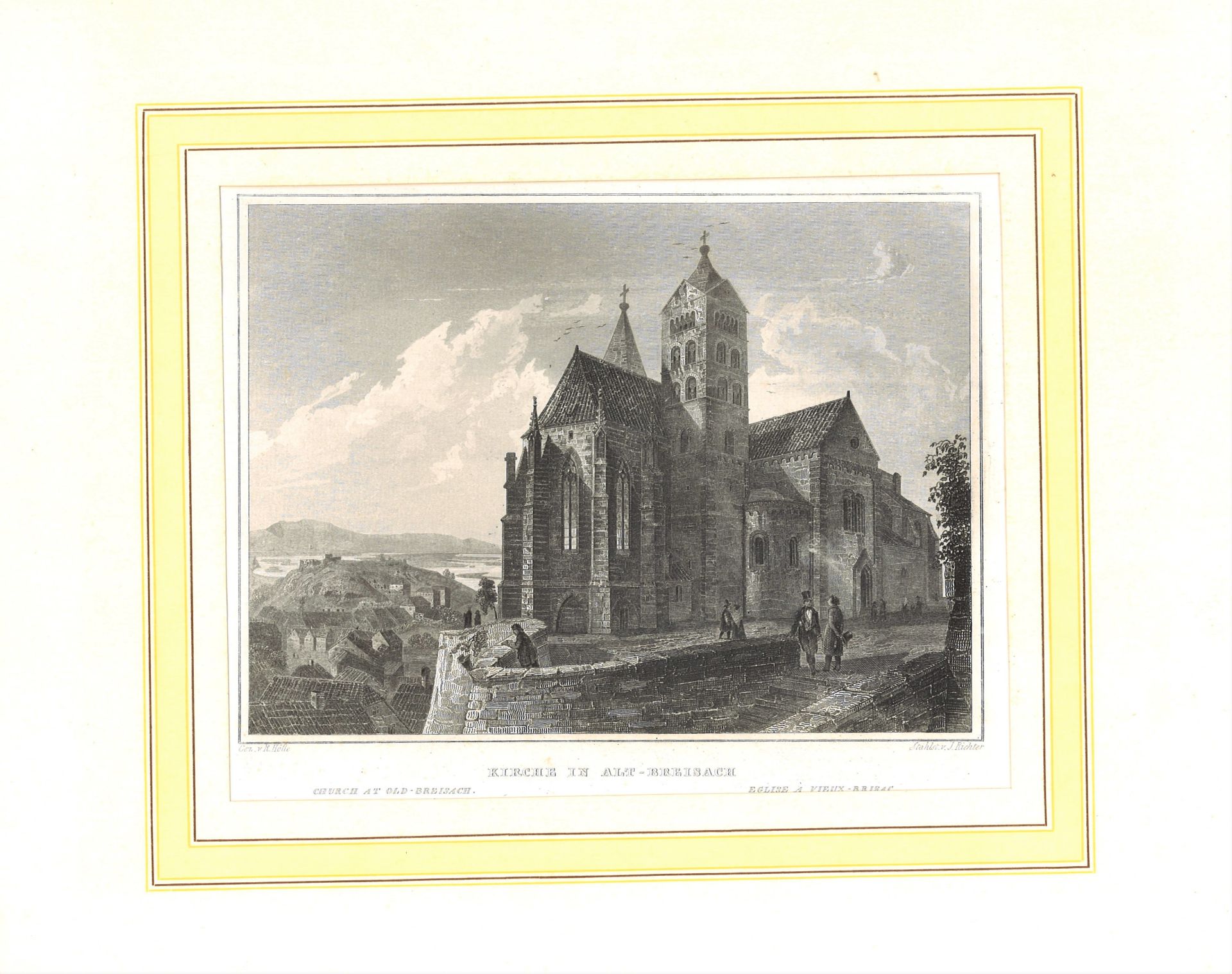 Stahlstich von J.Richter "Kirche in Alt - Breisach". Blattmaße: Höhe ca. 23,5 cm, Breite ca. 29,5