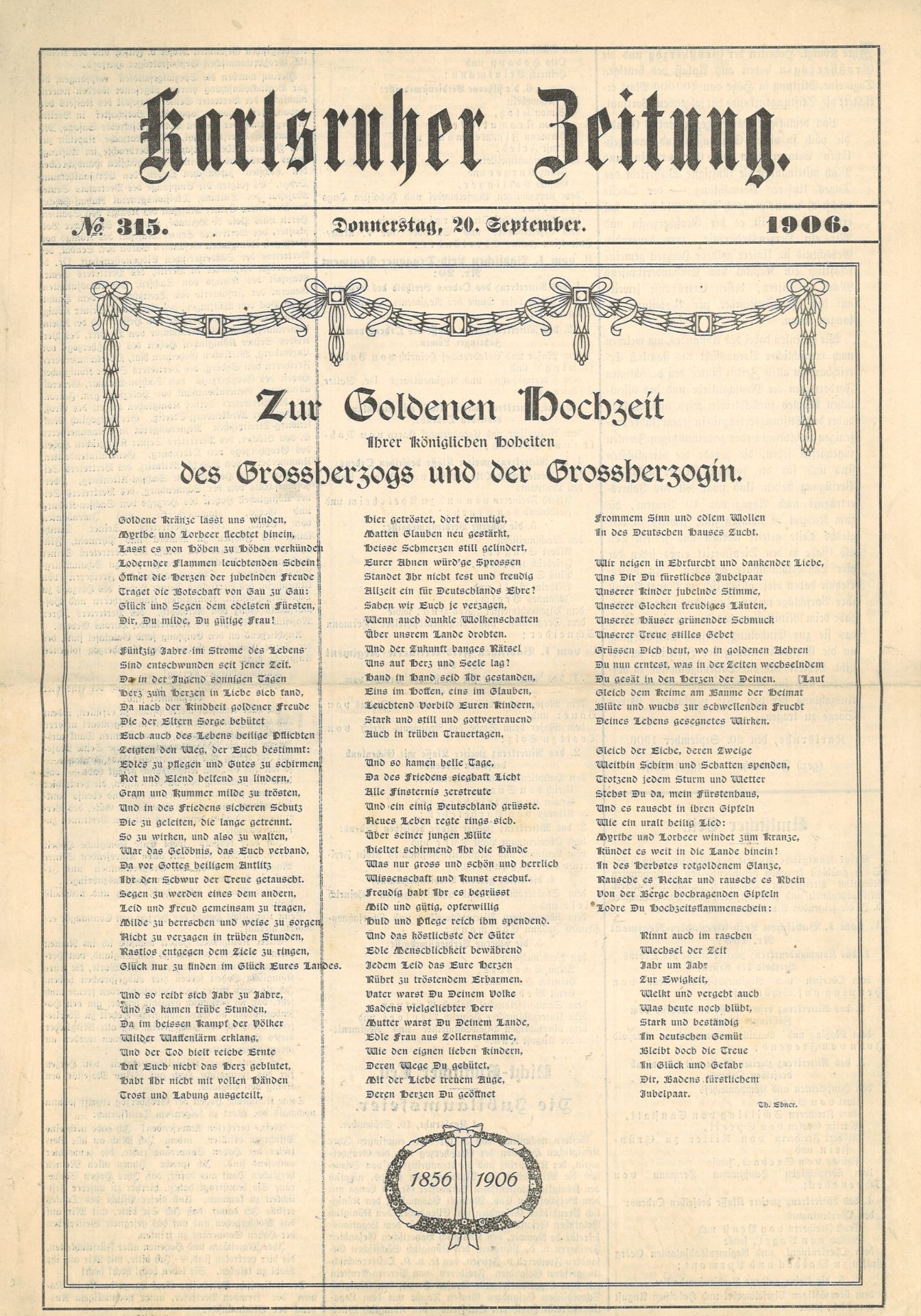 Karlsruher Zeitung - Donnerstag 20. September 1906 -. Nr. 315. Zur Goldenen Hochzeit Ihrer