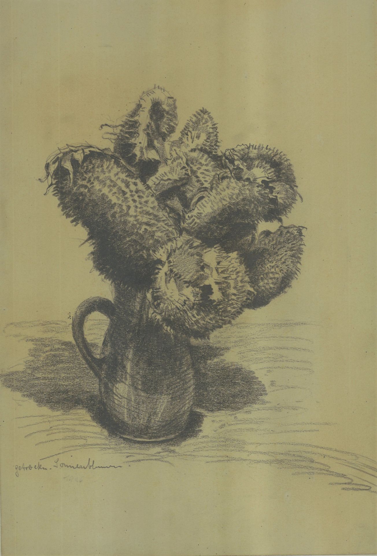 Ernst Pfau (1879-1965) Bleistiftzeichnung 1926 "getrocknete Sonnenblumen" hinter Glas gerahmt.