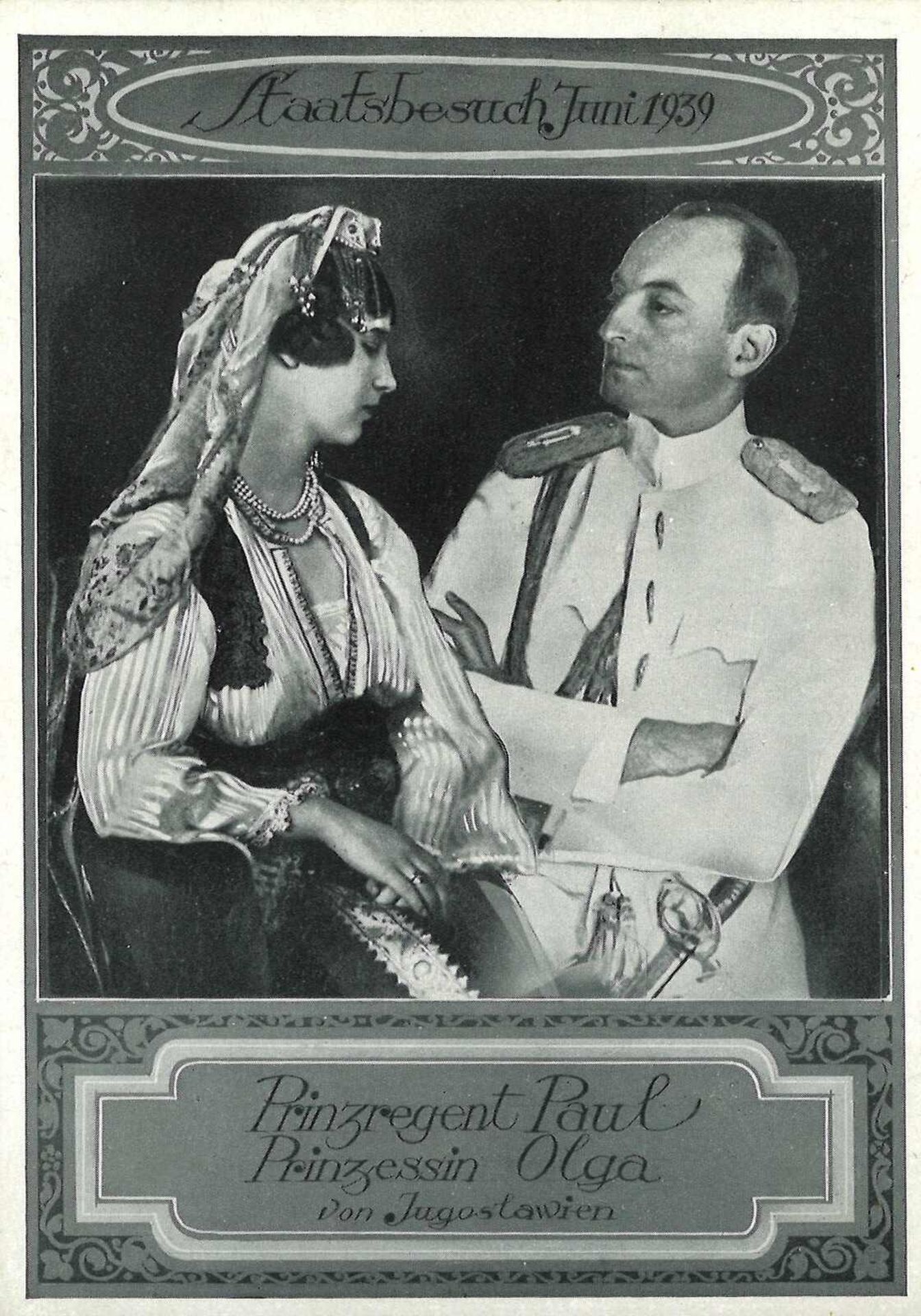 Postkarte "Staatsbesuch Juni 1939 vonf Prinzregent Paul & Prinzessin Olga von Jugoslawien", mit