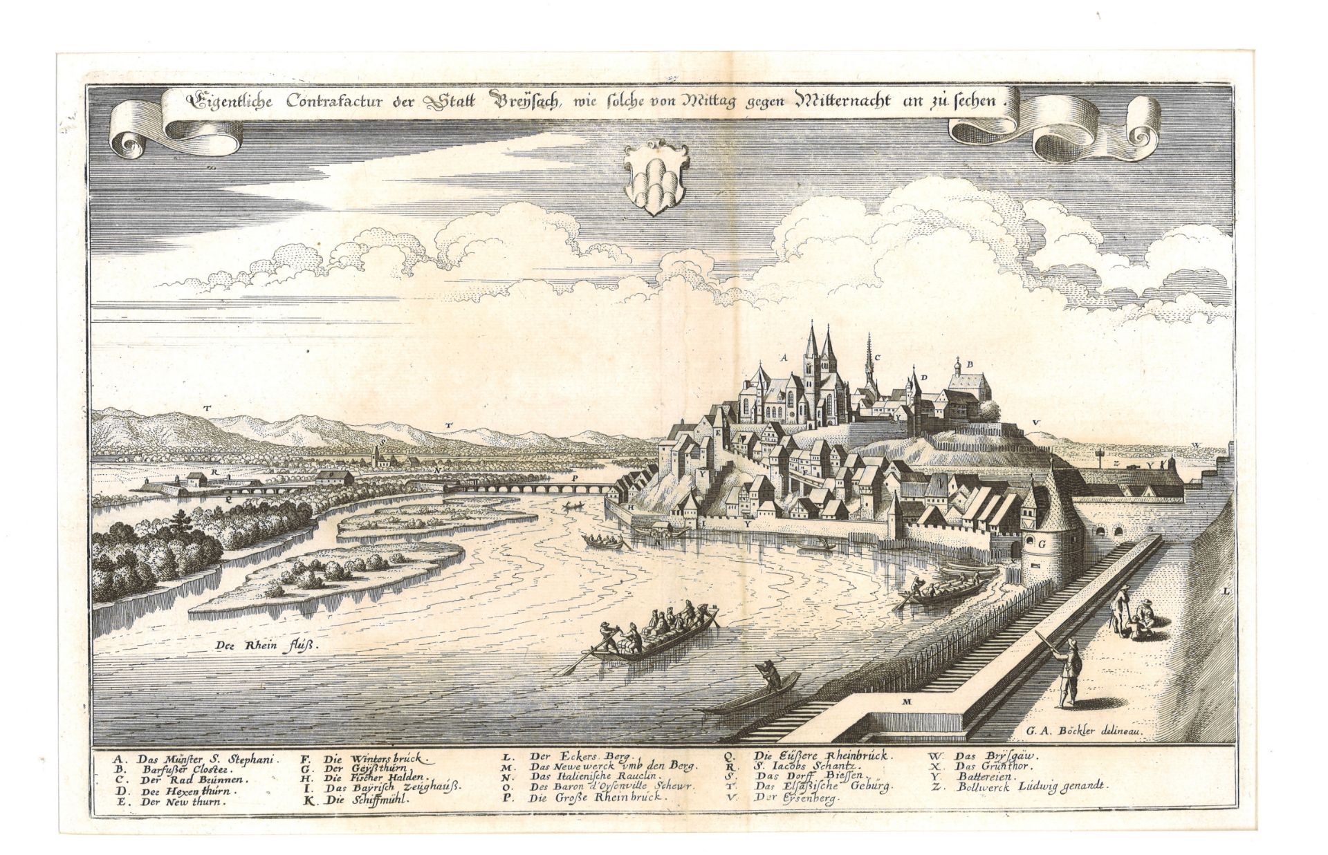 Original Kupferstich von ca. 1650 von Matthäus Merian "Eigentliche Contrafactur der Statt Breysach