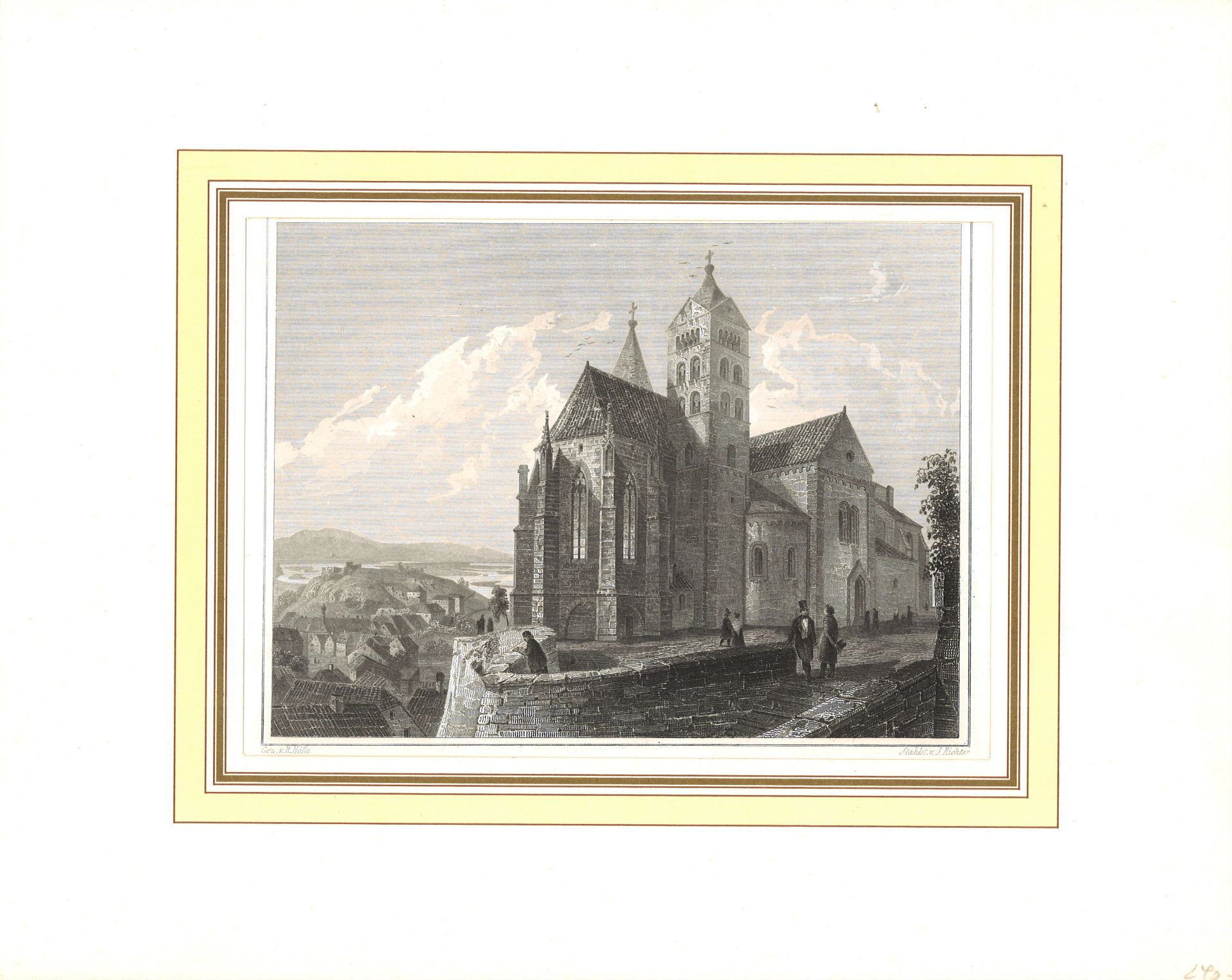 Stahlstich von J.Richter "Kirche in Alt - Breisach". Blattmaße: Höhe ca. 14,5 cm, Breite ca. 22,5