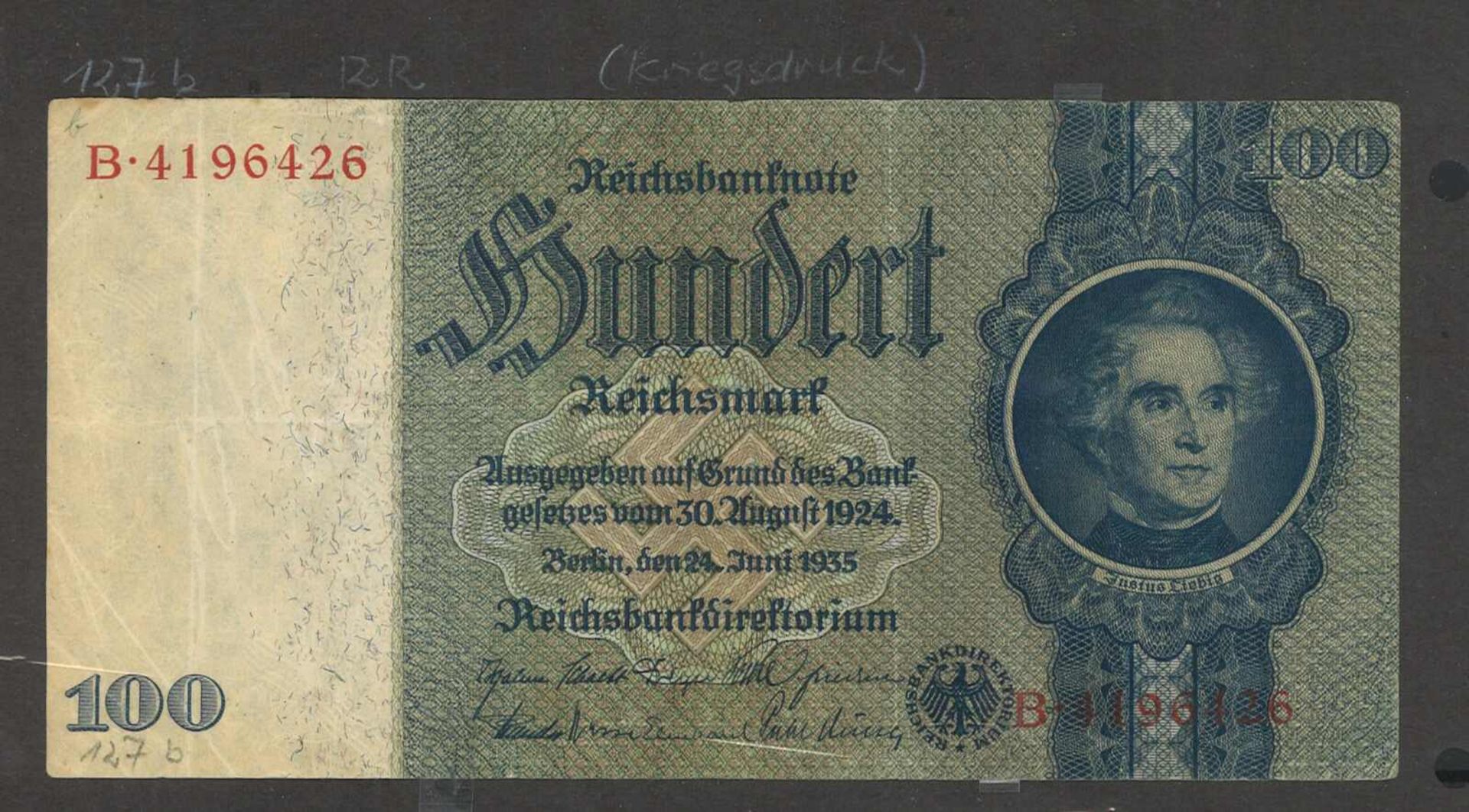 Banknoten Deutschland, Reichsbanknote, 100 Reichsmark, guter Zustand.