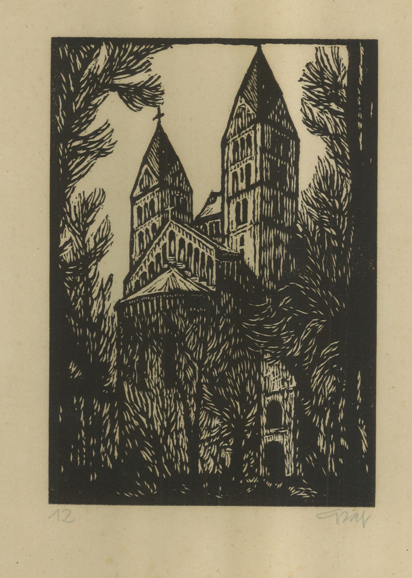 Karl Graf (1902-1986) Holzschnitt aus "Pfälzischen Dörfern", Nr. 12, handsigniert. Hinter Glas