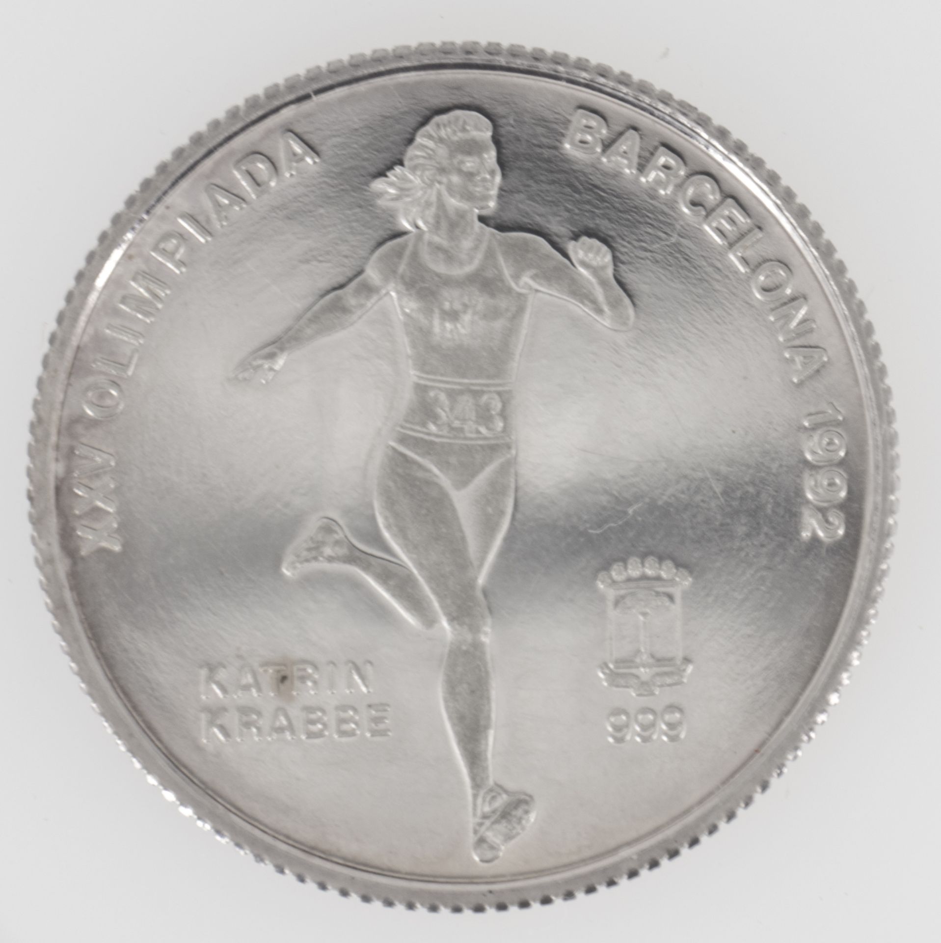 Äquatorialguinea 1992, 7000 Francos - Silbermünze "Katrin Krabbe". PP