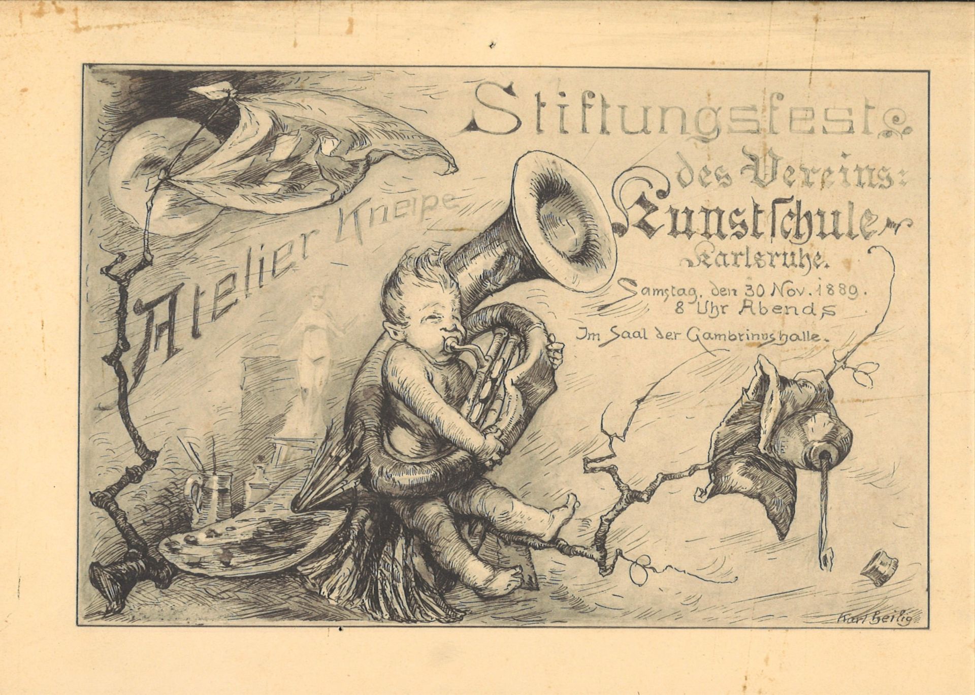 Radierung Karl Heilig (1863-1910) Atelier Kneipe. Stiftungsfest des Vereins: Kunstschule