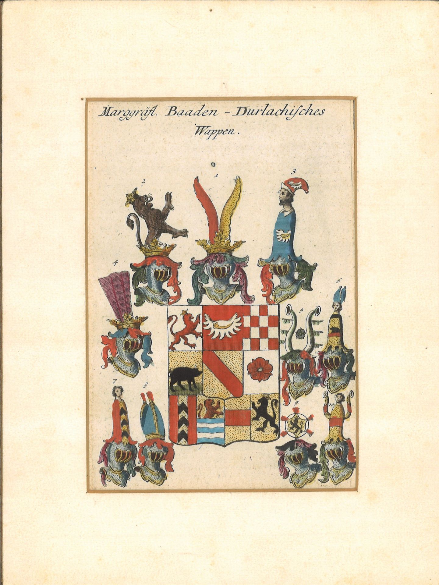 kolorierter Kupferstich 18. Jahrhundert "Margräfl. Baaden" Durlachisches Wappen (Wappenkunst)