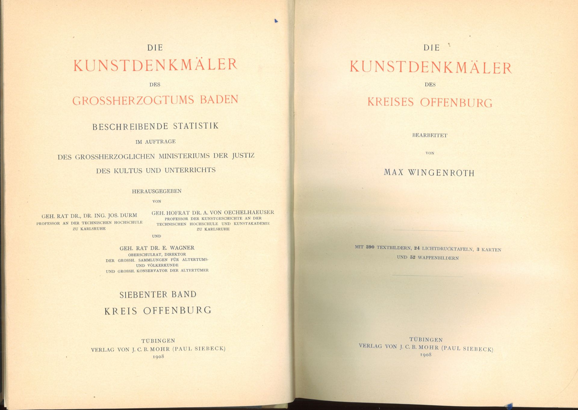 Die Kunstdenkmäler des Grossherzogtums Baden, Kreis Offenburg, von Max Wingenrot. Tübingen, Verlag