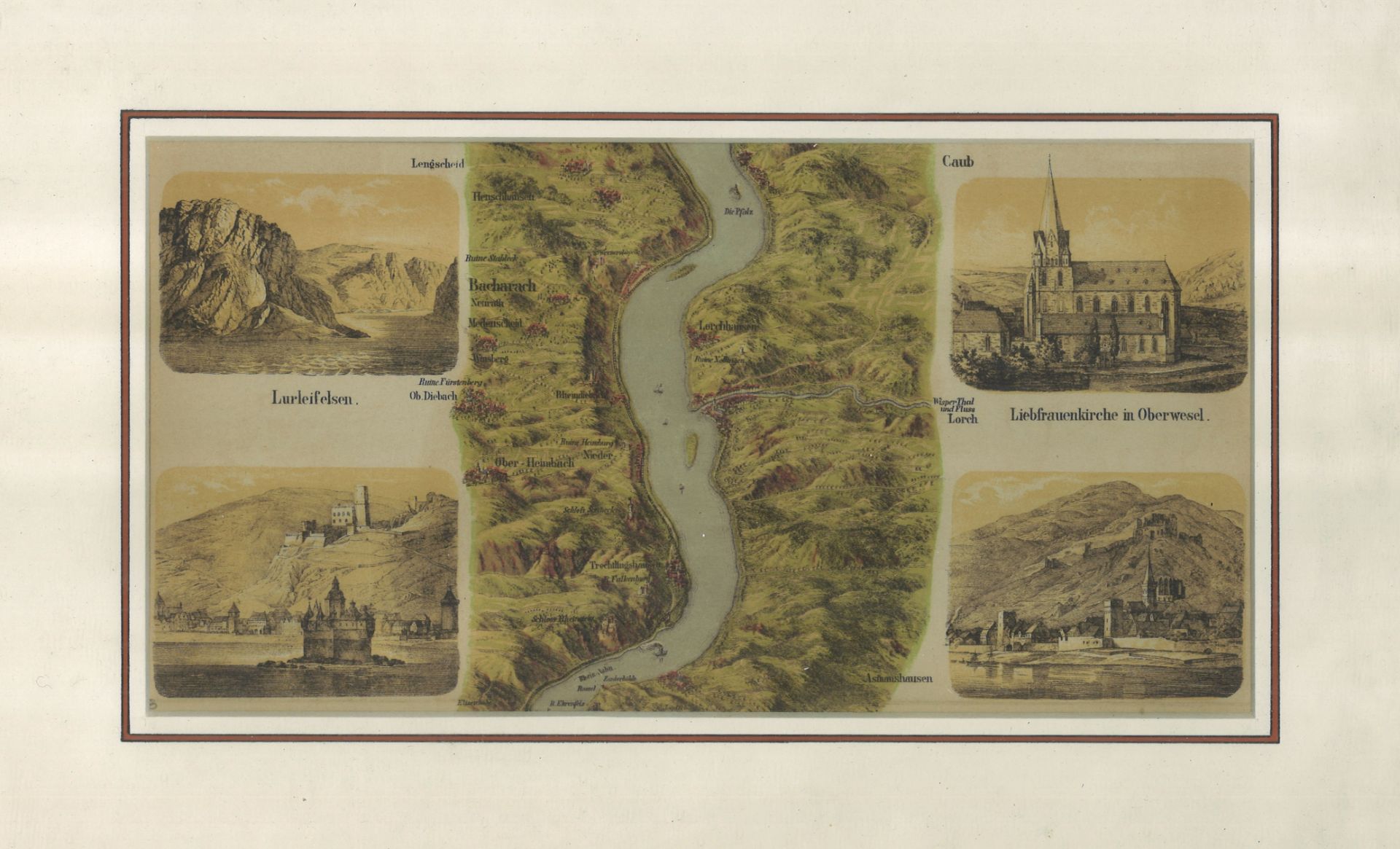 alte Radierung, Mehrfachansicht, Region Bacharach im Biedermaier-Rahmen, Maße ca: Höhe 28 cm und