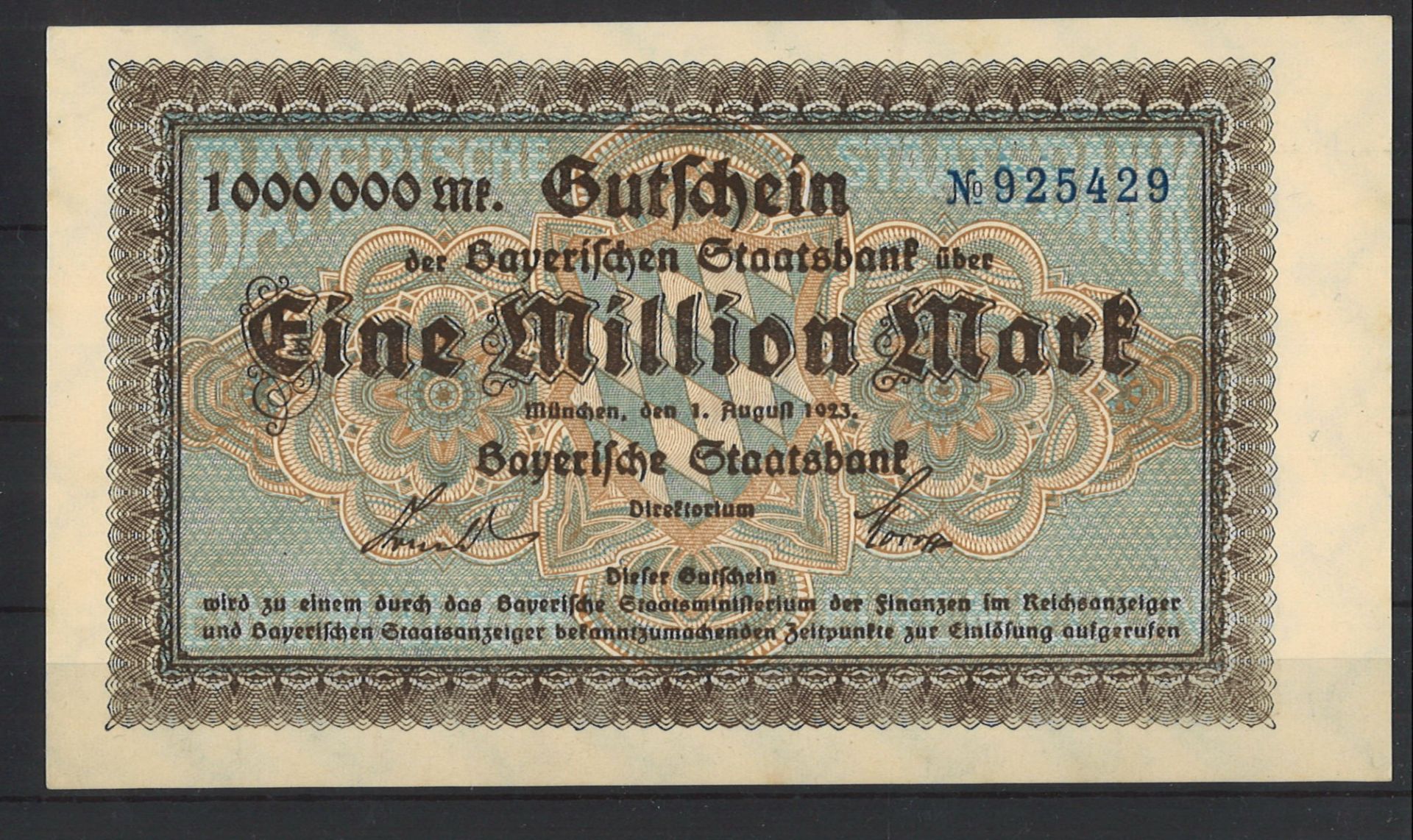 Banknoten Deutschland, Gutschein der Bayerischen Staatsbank über eine Million Mark, guter Zustand.