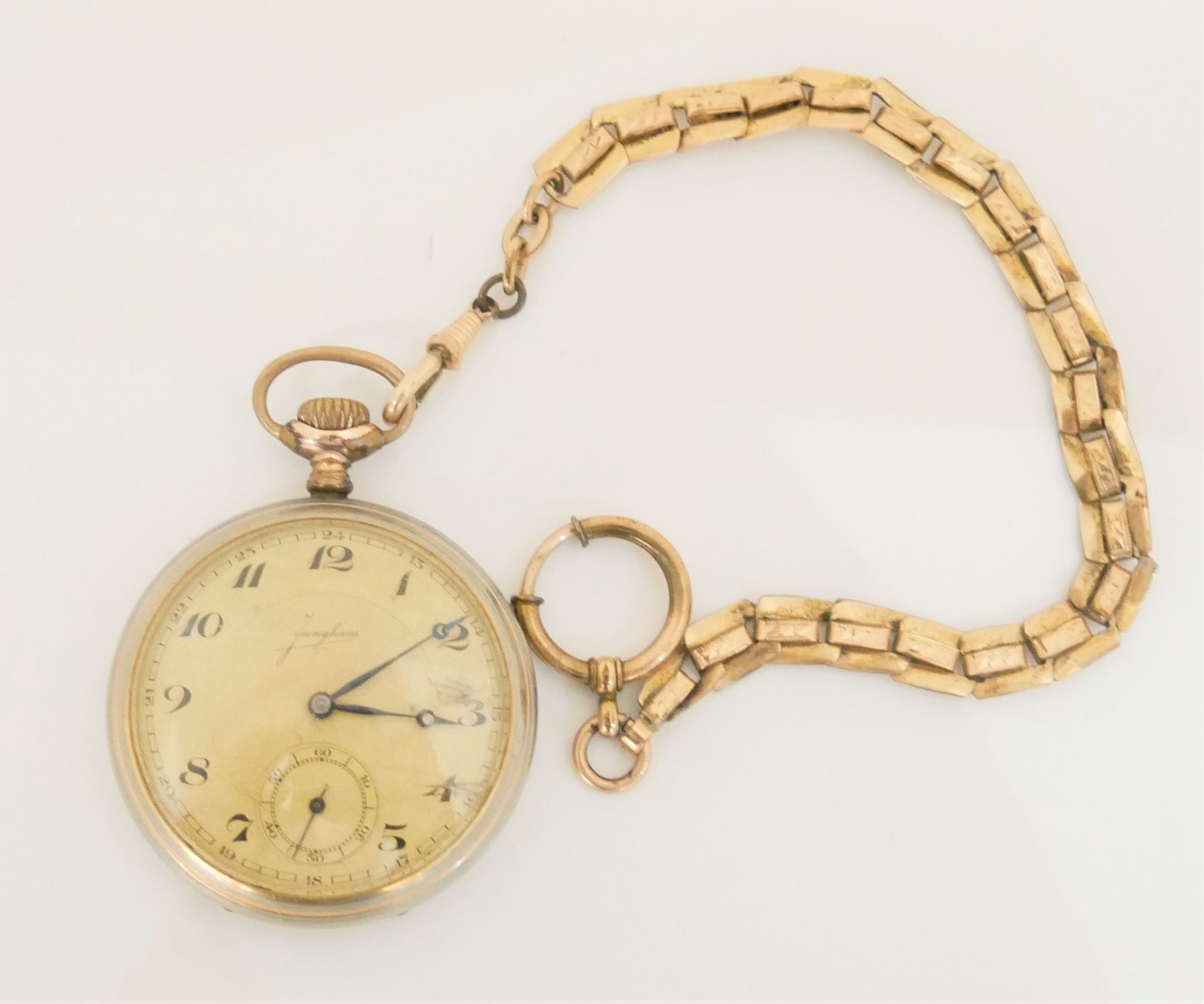 Junghans Taschenuhr mit AM Goldkette. Funktion geprüft. Glas defekt