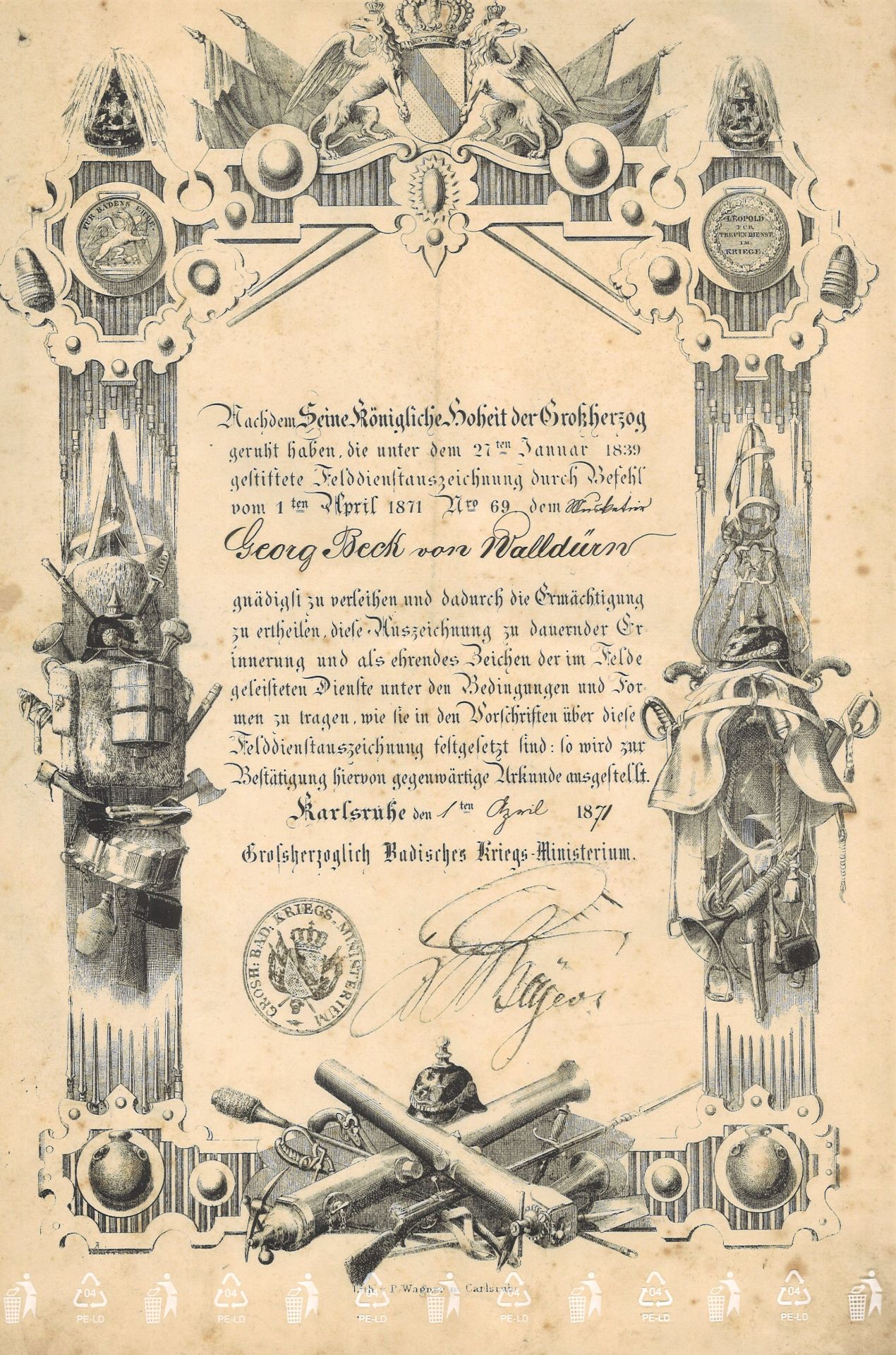 Lithographie von P.Wagner in Carlsruhe. "Wappenkunst" Großherzoglich Badisches Kriegsministerium