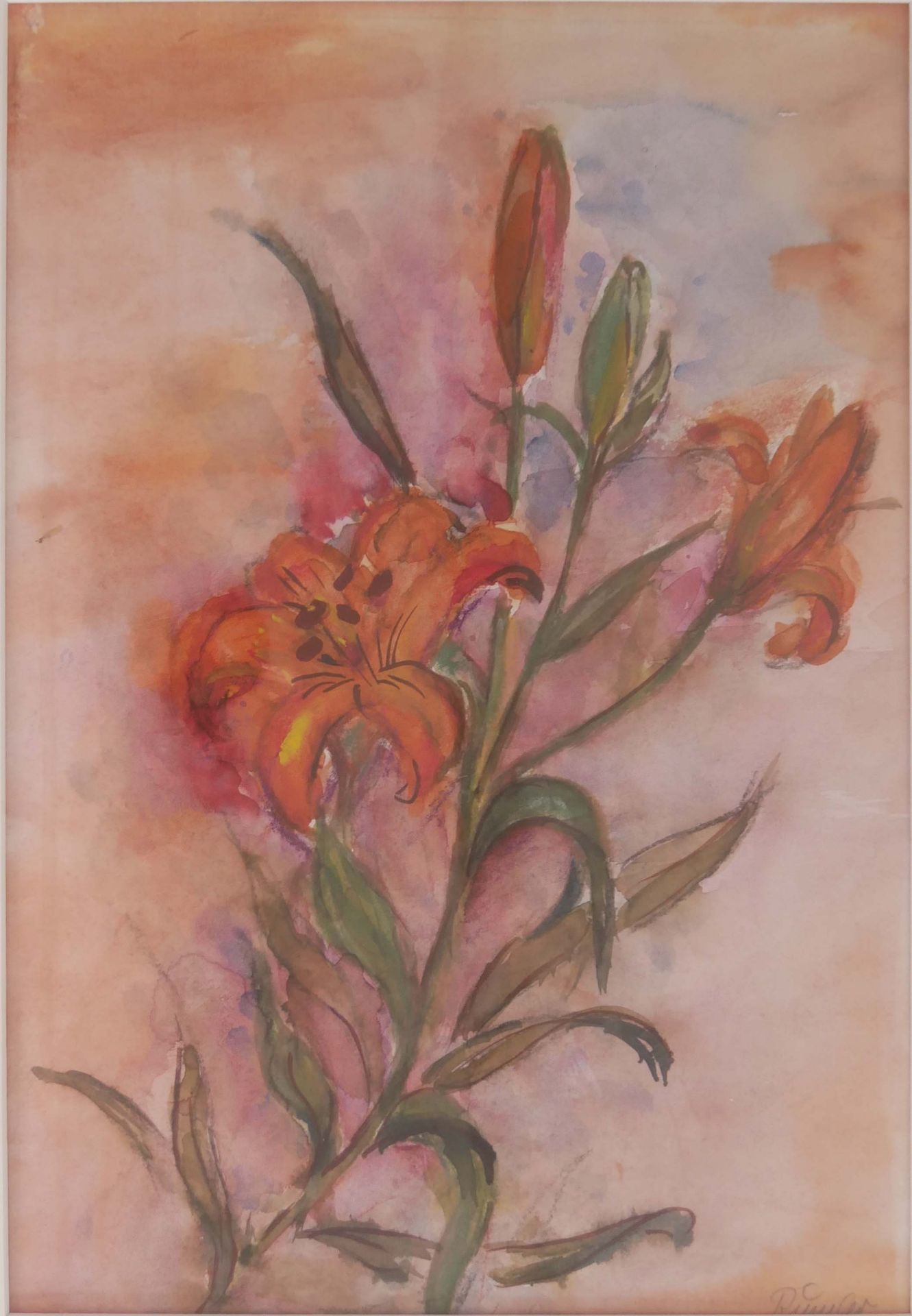 wohl Zdenek Rumler. Aquarell auf Papier "Lilien" rechts unten Signatur, aufwendig hinter Glas - Bild 2 aus 3