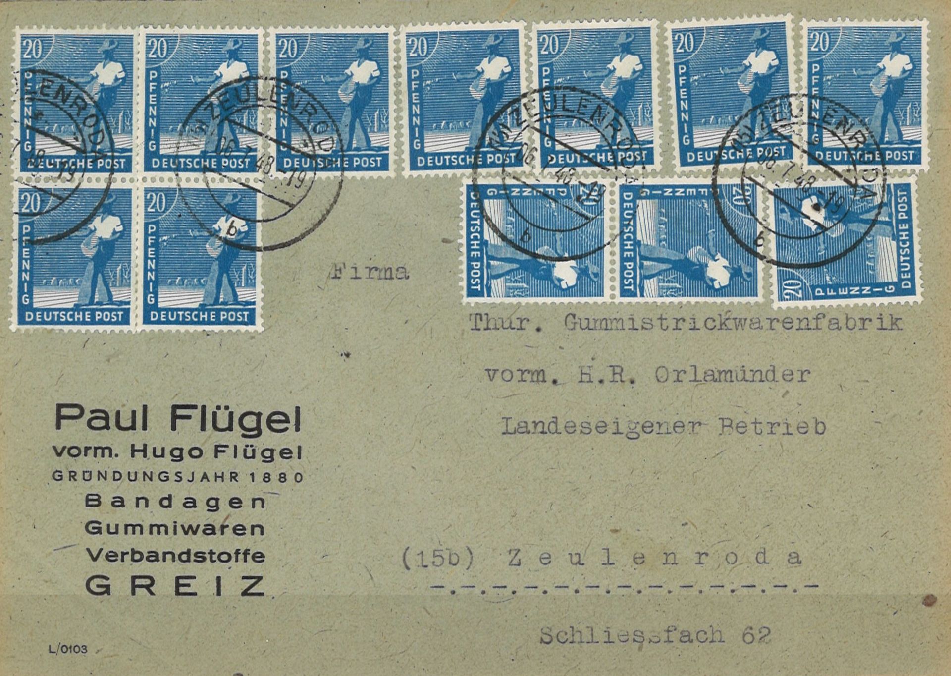 Alliierten Besatzung 1948. Brief mit Zehnfachfrankatur.