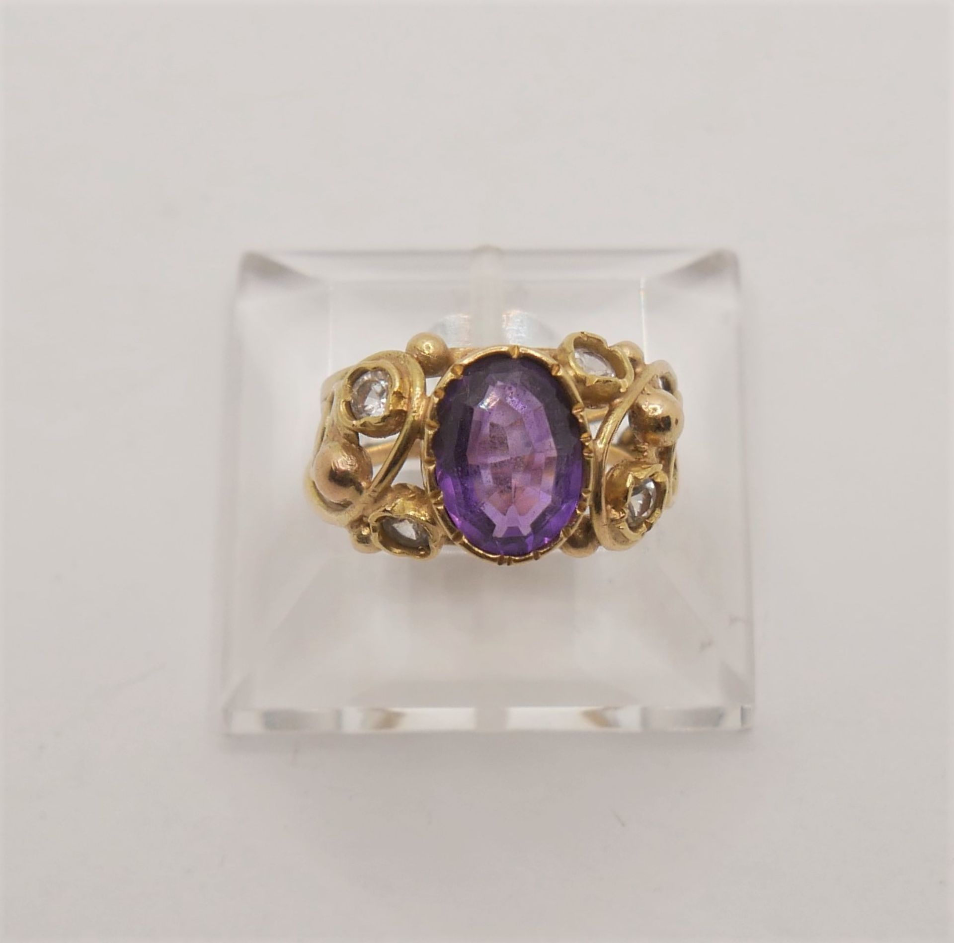 älterer Silber vergoldeter Ring mit Amethyst, Zirkonia. Ringgröße 55 - Bild 2 aus 2