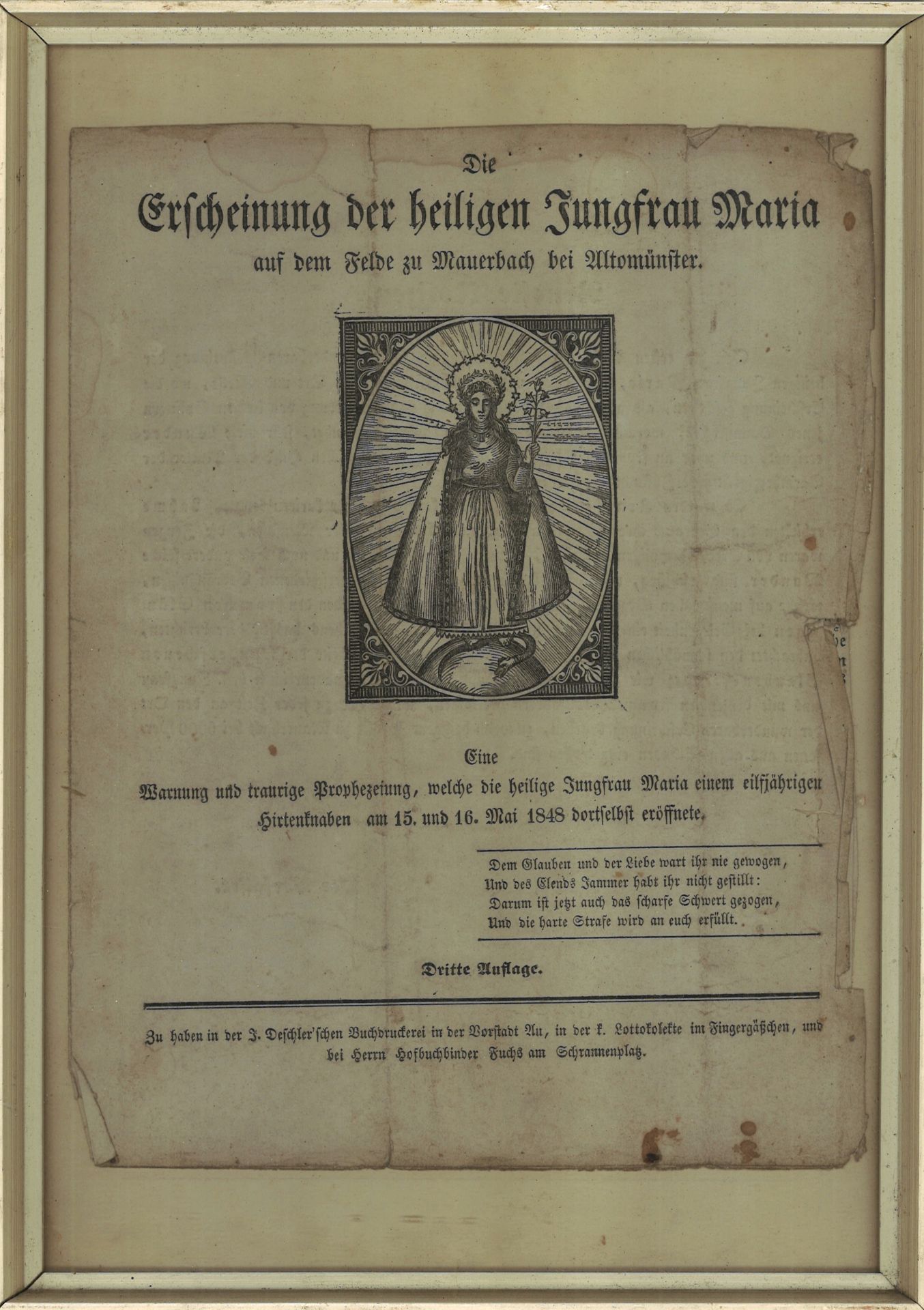 altes Verkündigungsblatt "Erscheinung der heiligen Jungfrau Maria auf dem Felde zu Mauerbach bei