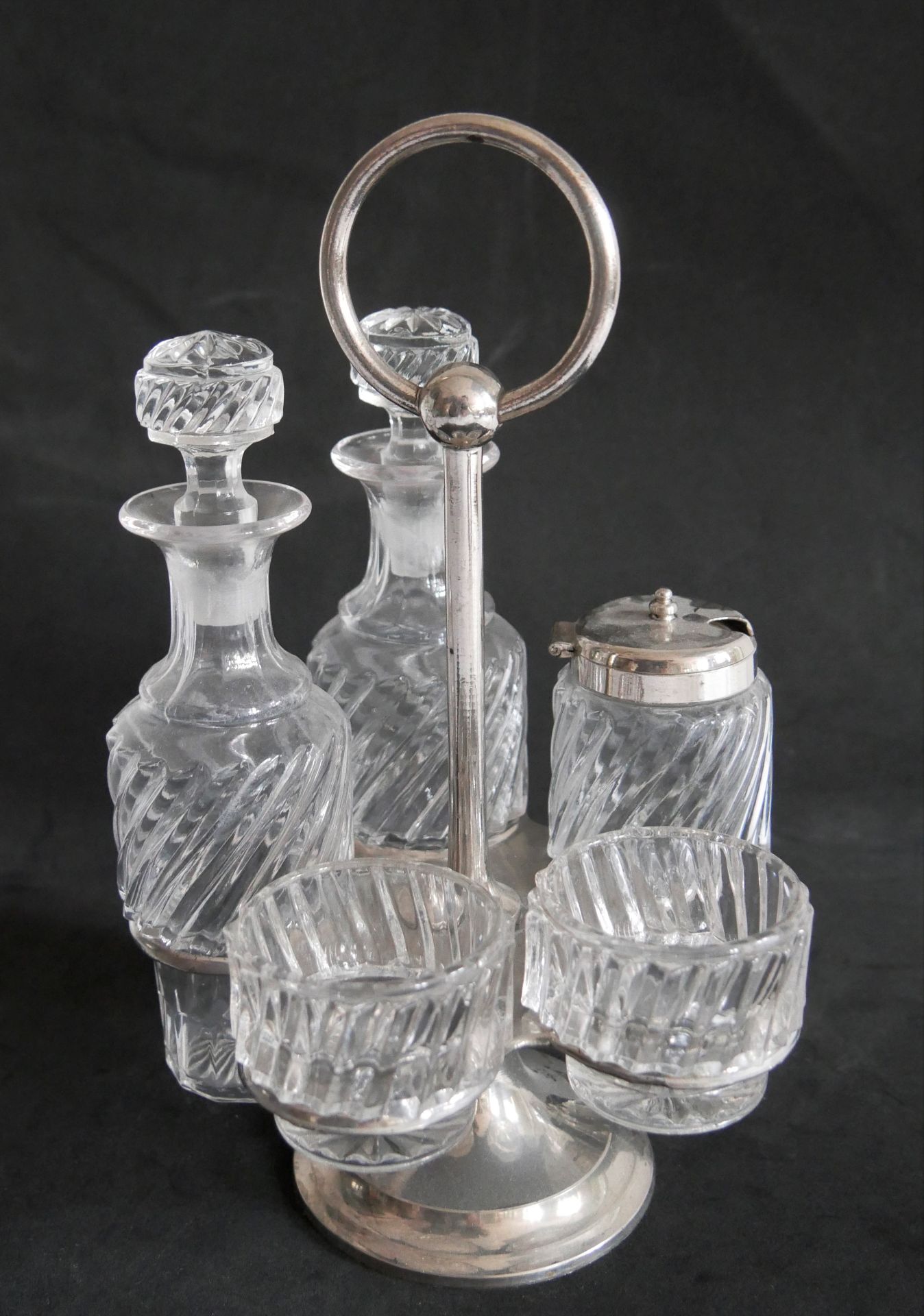 Menage Set aus Glas, 5 tlg. Höhe ca. 23 cm.