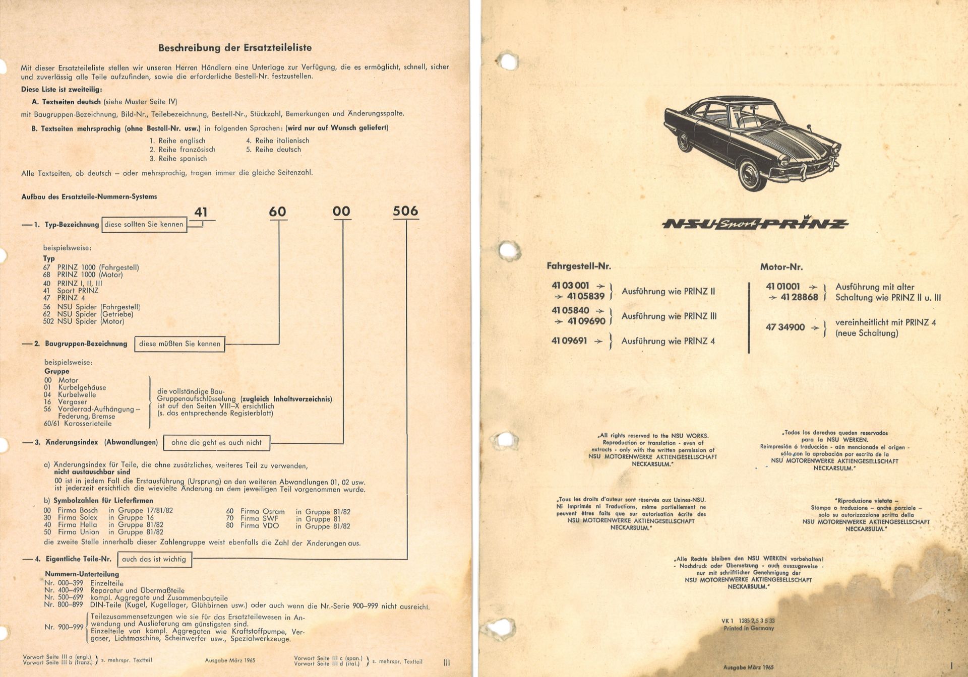 Aus Oldtimer Sammlung! NSU Ersatzteileliste "NSU - SPORT - PRINZ" 9.1964. NSU Motorwerke - Bild 2 aus 3